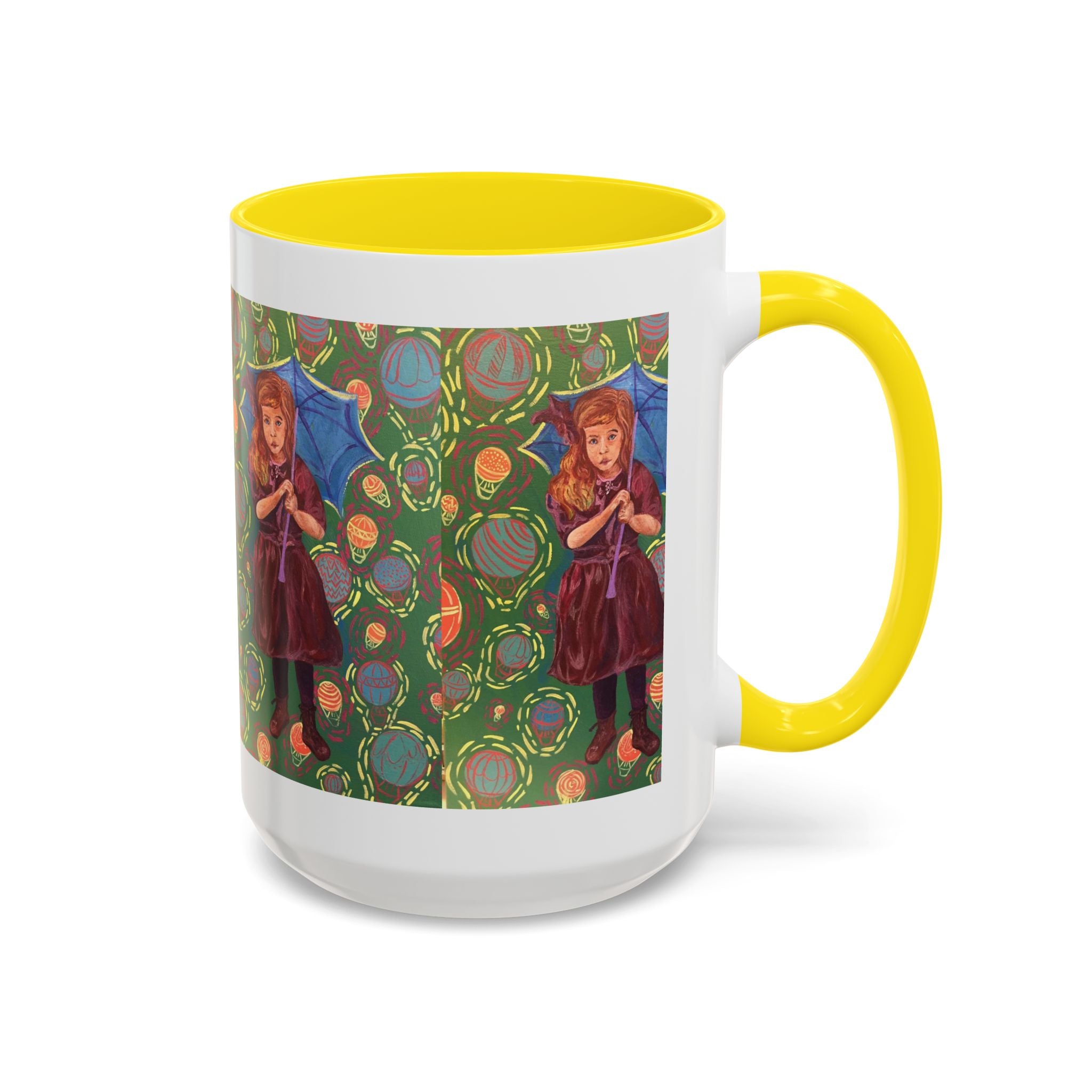 Vintage Girl with Umbrella Accent Coffee Mug — Whimsical Rainy-Day Art Gift (11/15 oz)