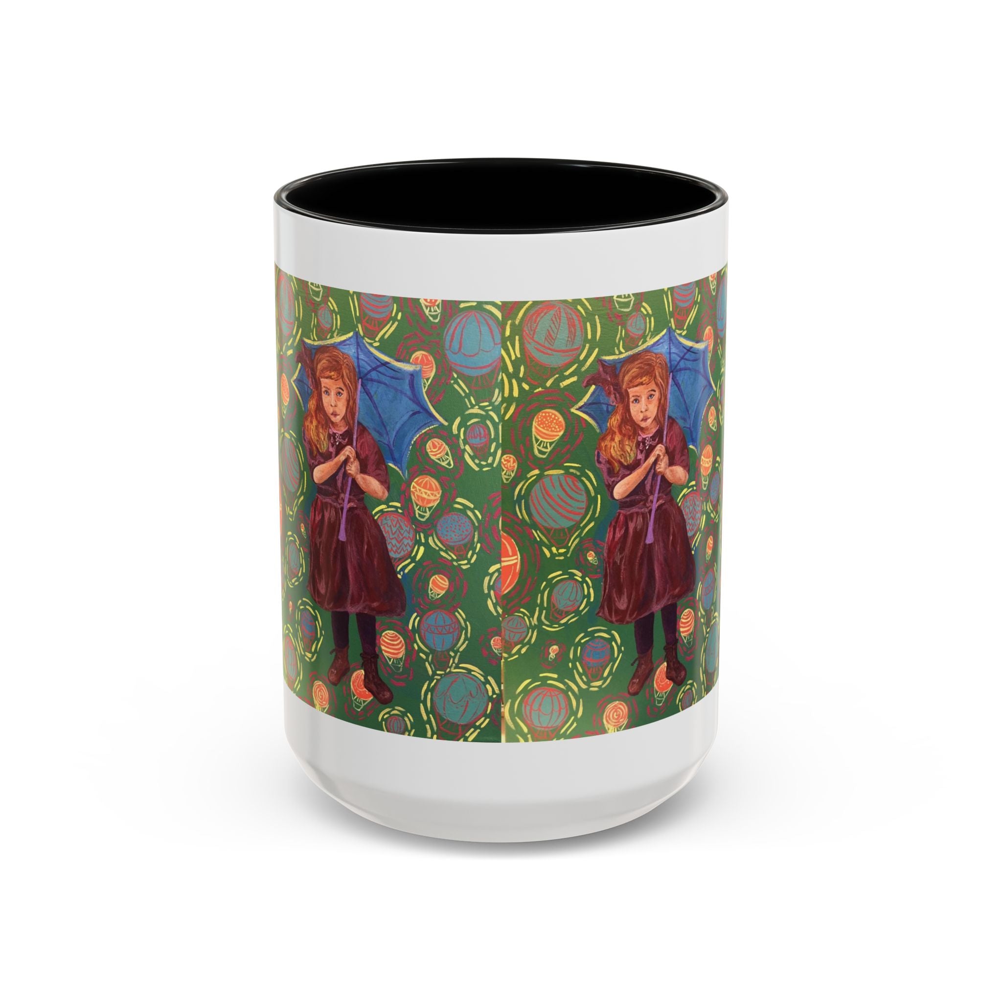 Vintage Girl with Umbrella Accent Coffee Mug — Whimsical Rainy-Day Art Gift (11/15 oz)
