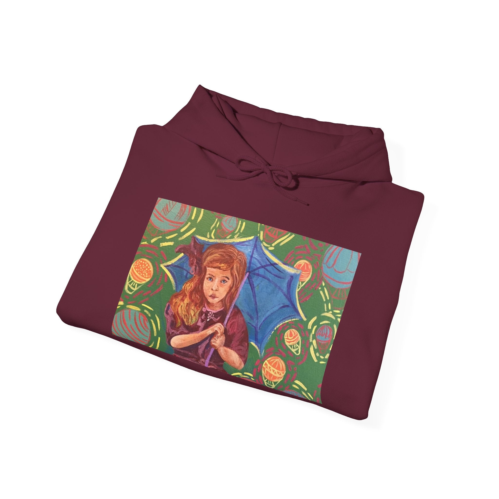 Vintage Girl with Umbrella Graphic Sweatshirt - Kids' Rainy Day Illustration Hoodie