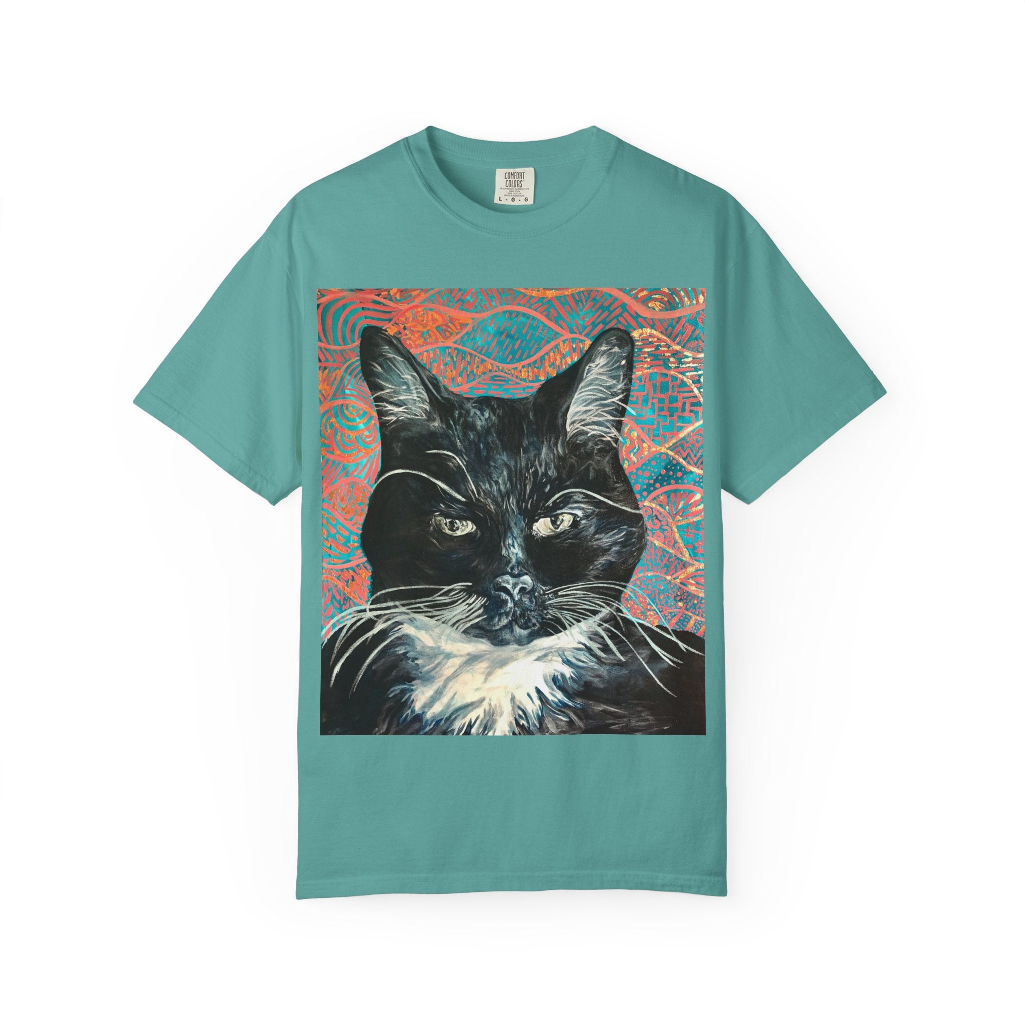 Black Cat Portrait T-Shirt — Painted Portrait on Pattern Background