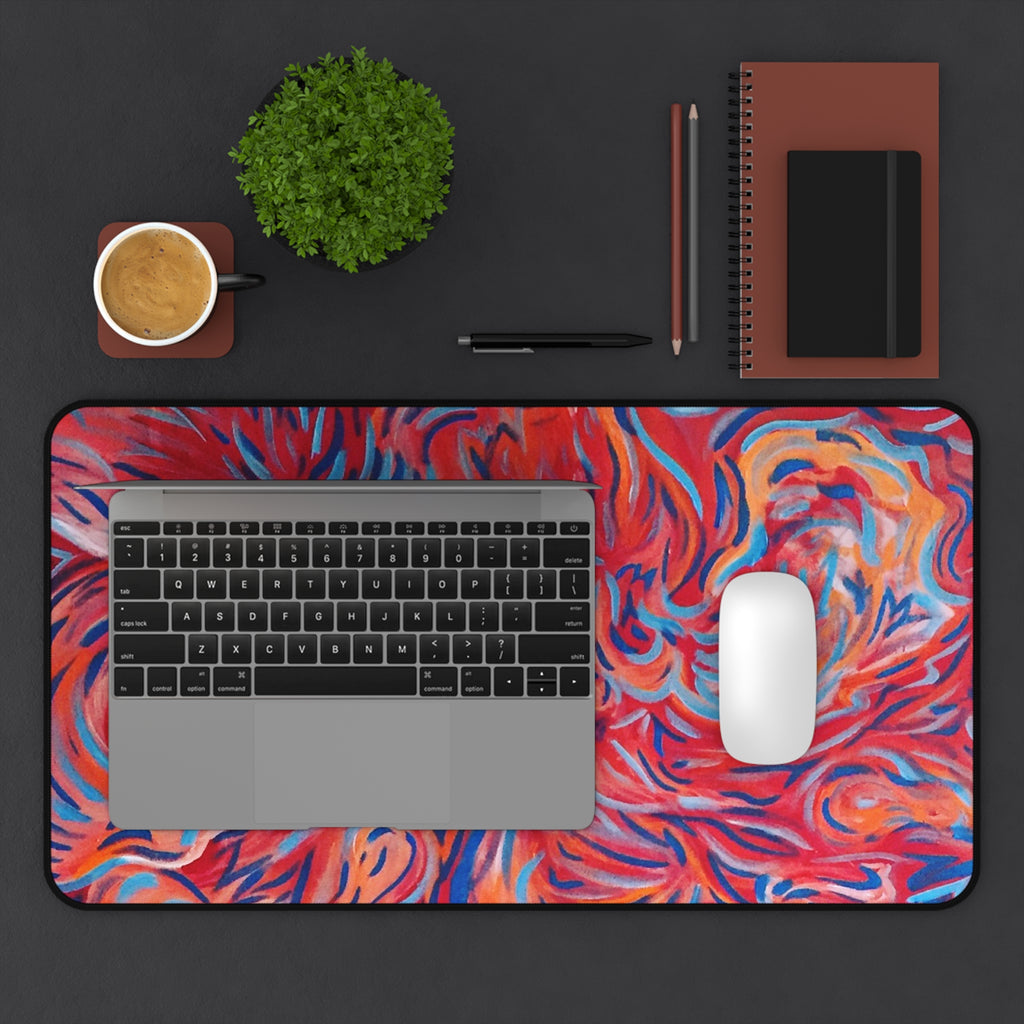 Abstract Flame Swirl Desk Mat — Vibrant Red & Blue Artistic Mouse Pad