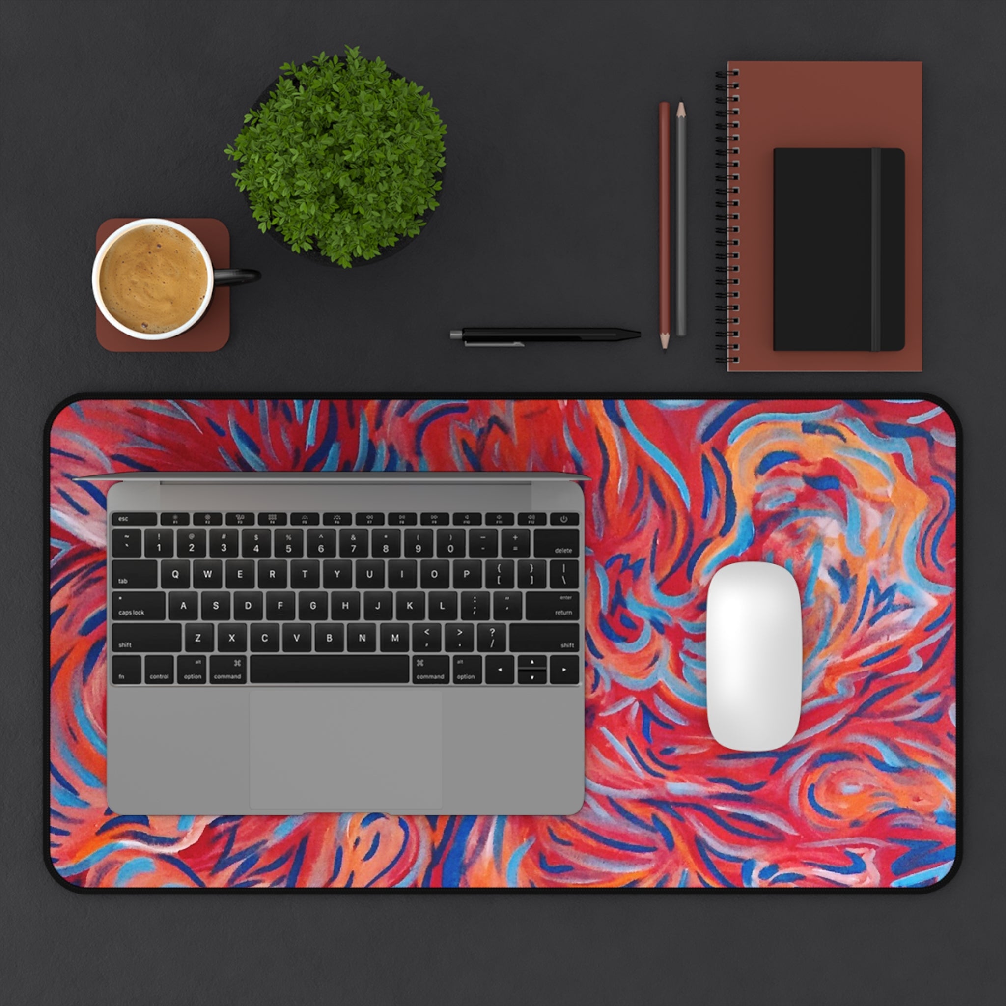 Abstract Flame Swirl Desk Mat — Vibrant Red & Blue Artistic Mouse Pad