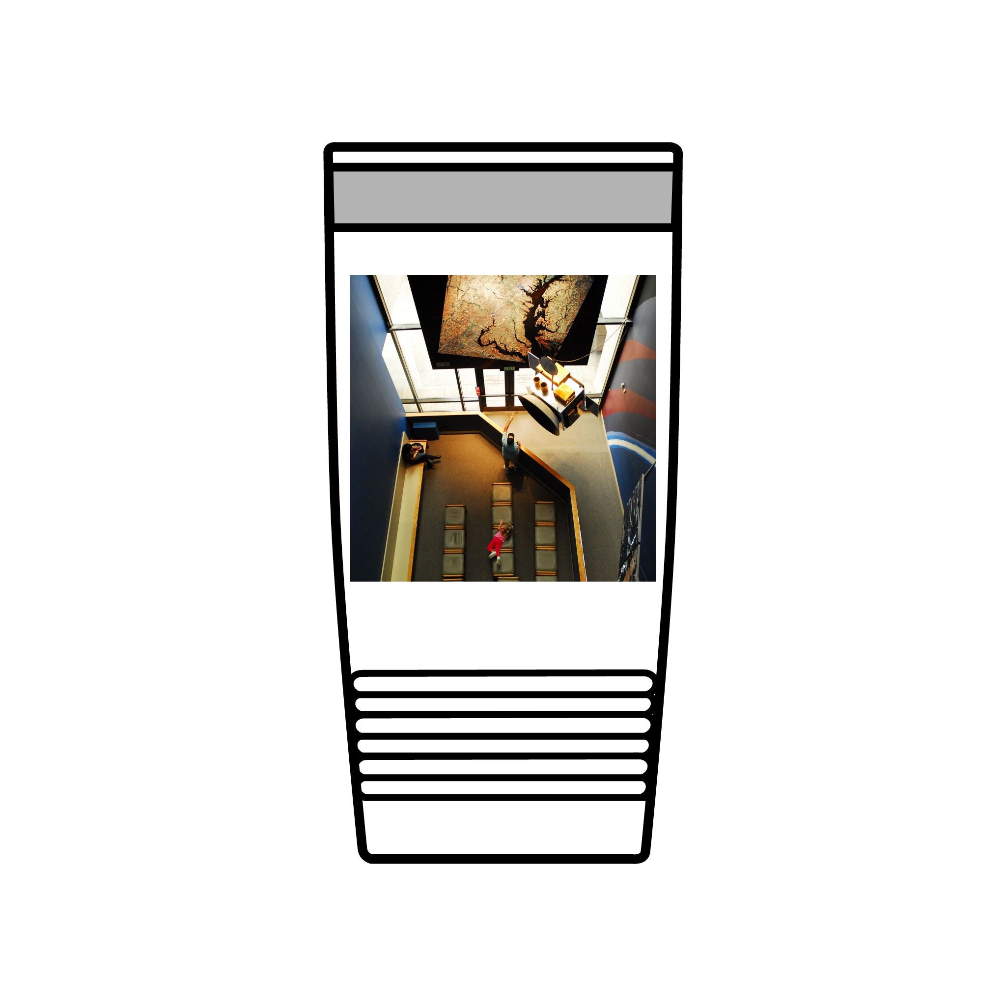 Birds Eye view of an interior of Air and Space - 20oz Insulated Tumbler with Vintage Elevator Photo — Retro Architecture Travel Cup