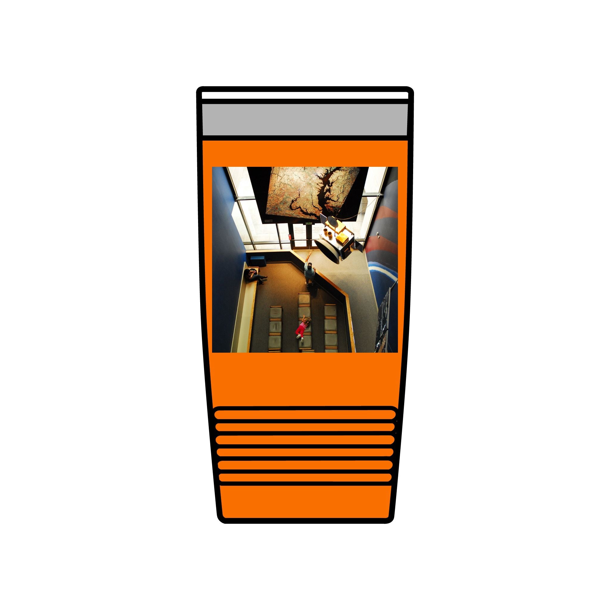 Birds Eye view of an interior of Air and Space - 20oz Insulated Tumbler with Vintage Elevator Photo — Retro Architecture Travel Cup