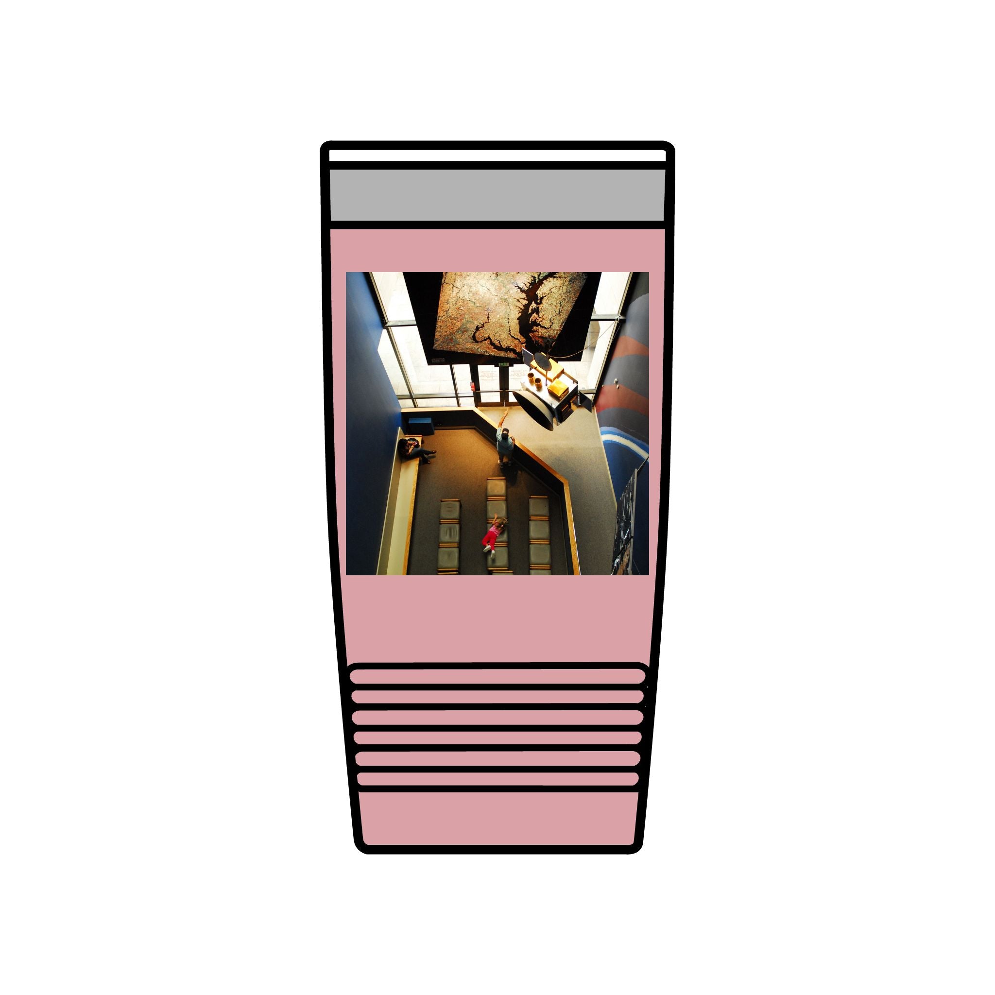 Birds Eye view of an interior of Air and Space - 20oz Insulated Tumbler with Vintage Elevator Photo — Retro Architecture Travel Cup