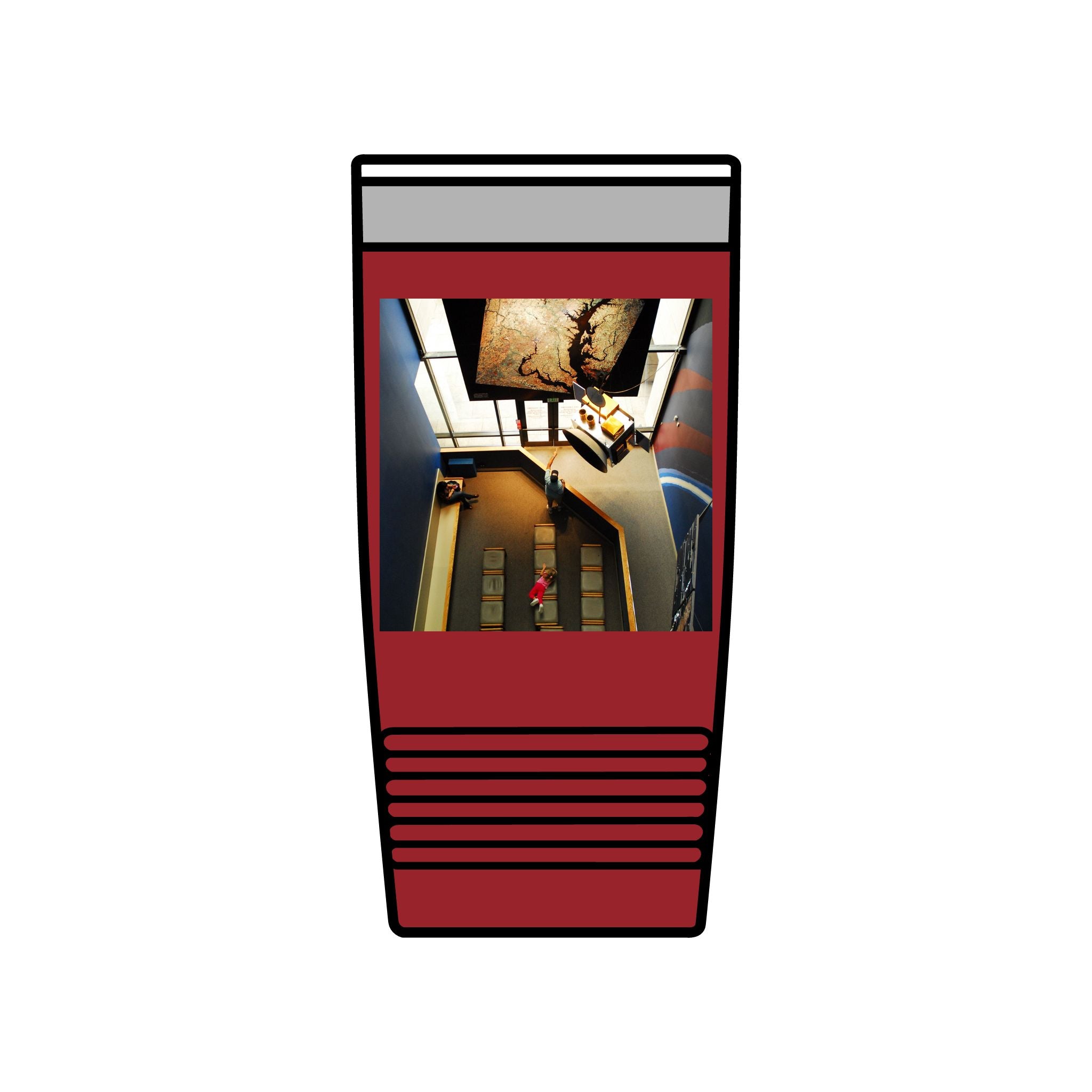 Birds Eye view of an interior of Air and Space - 20oz Insulated Tumbler with Vintage Elevator Photo — Retro Architecture Travel Cup