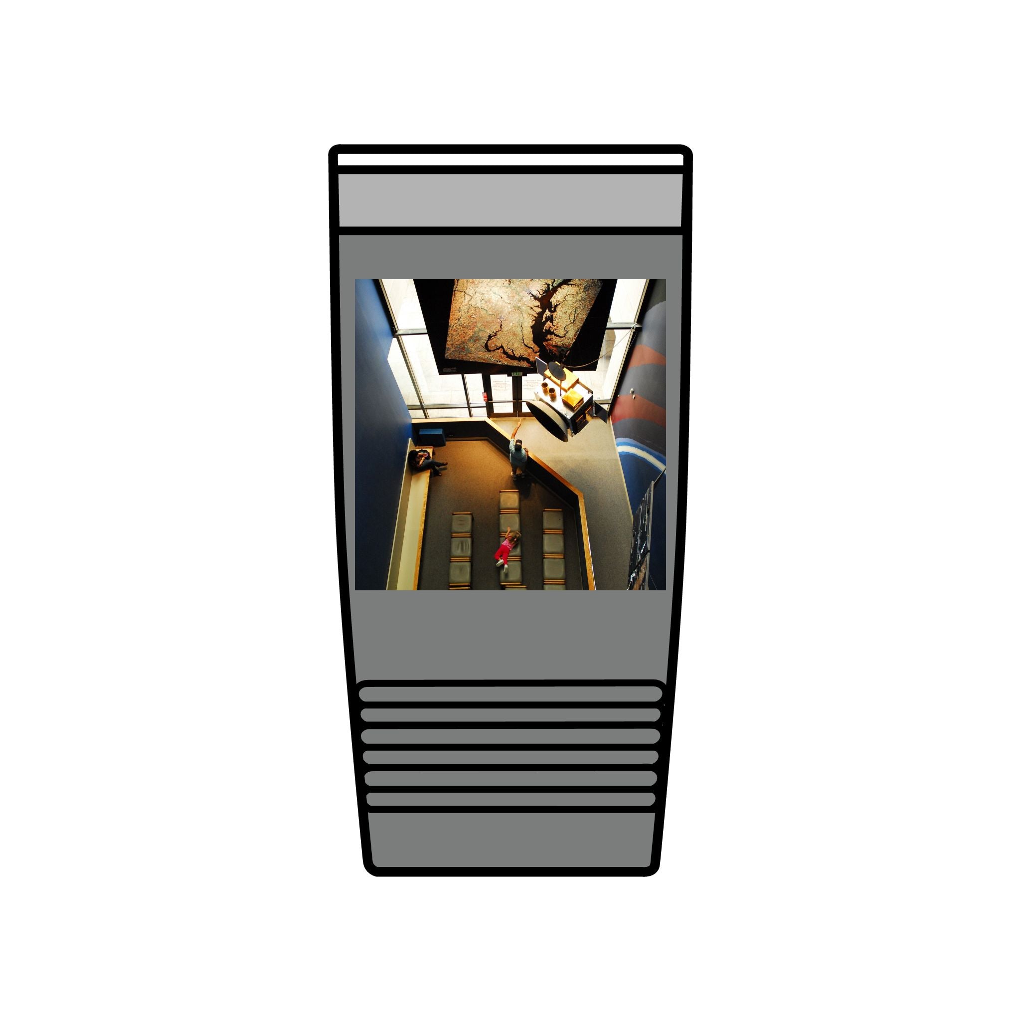 Birds Eye view of an interior of Air and Space - 20oz Insulated Tumbler with Vintage Elevator Photo — Retro Architecture Travel Cup