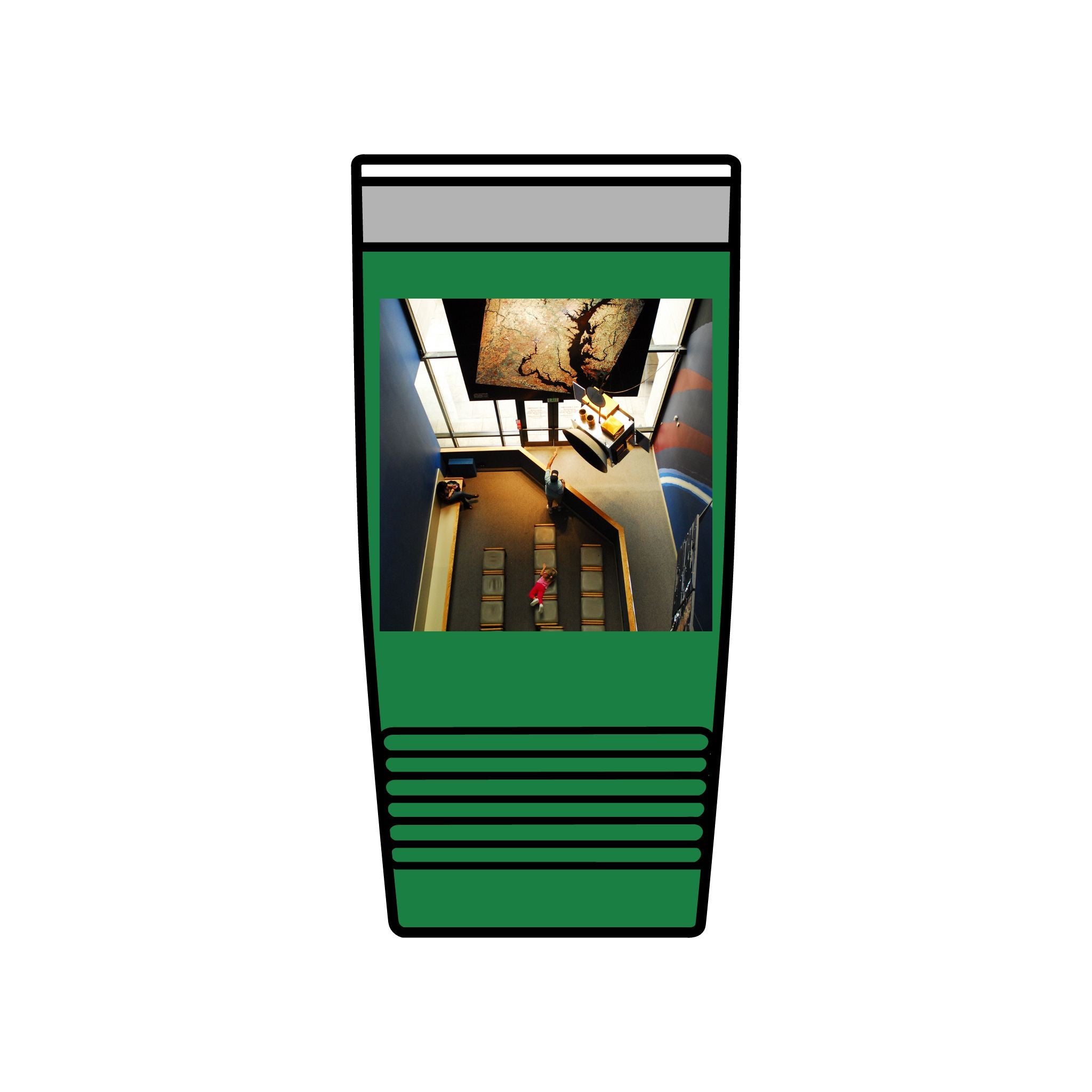 Birds Eye view of an interior of Air and Space - 20oz Insulated Tumbler with Vintage Elevator Photo — Retro Architecture Travel Cup