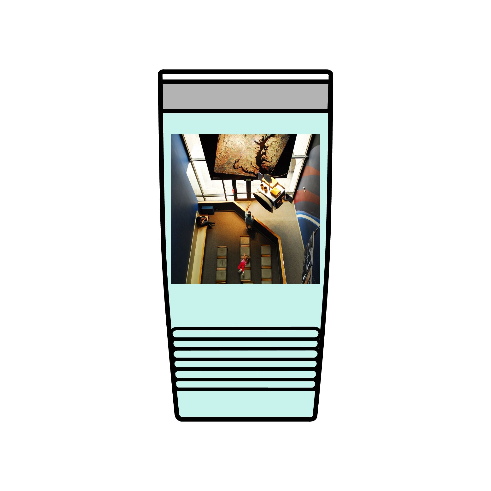 Birds Eye view of an interior of Air and Space - 20oz Insulated Tumbler with Vintage Elevator Photo — Retro Architecture Travel Cup