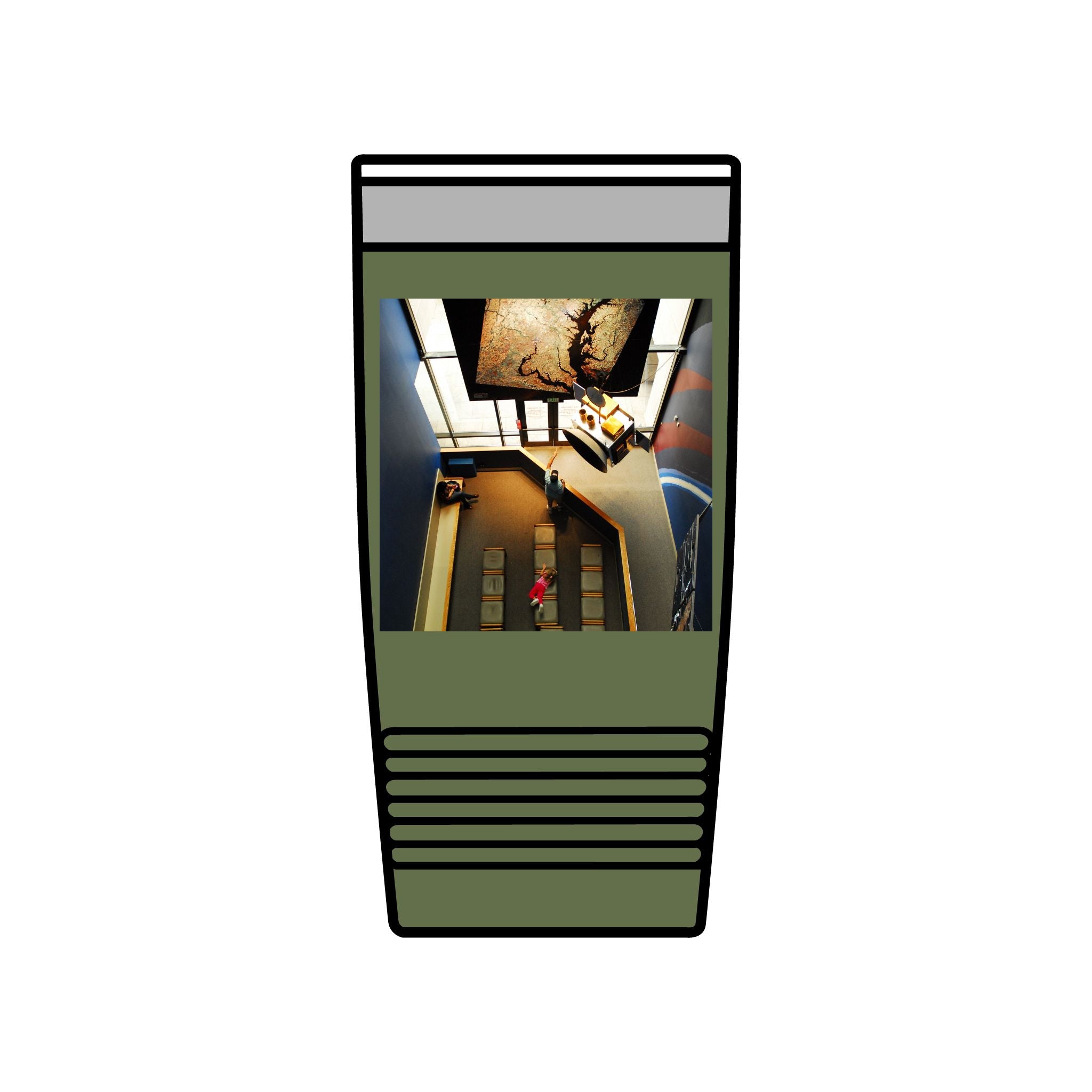Birds Eye view of an interior of Air and Space - 20oz Insulated Tumbler with Vintage Elevator Photo — Retro Architecture Travel Cup