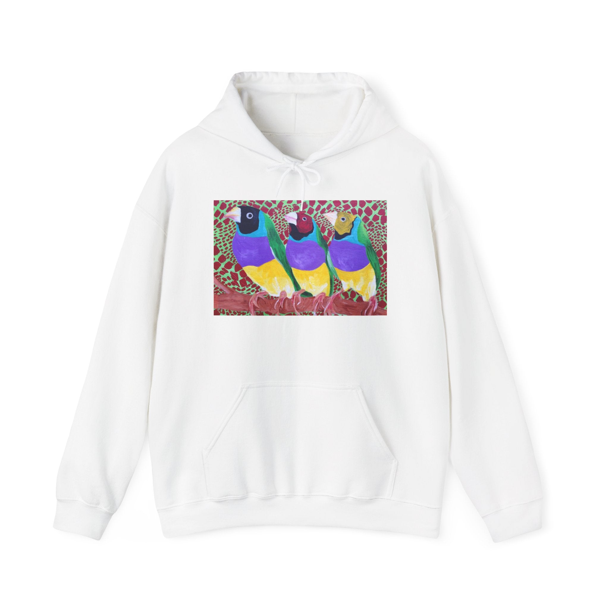 Gouldian Finch Trio Hoodie — Colorful Tropical Bird Graphic Pullover