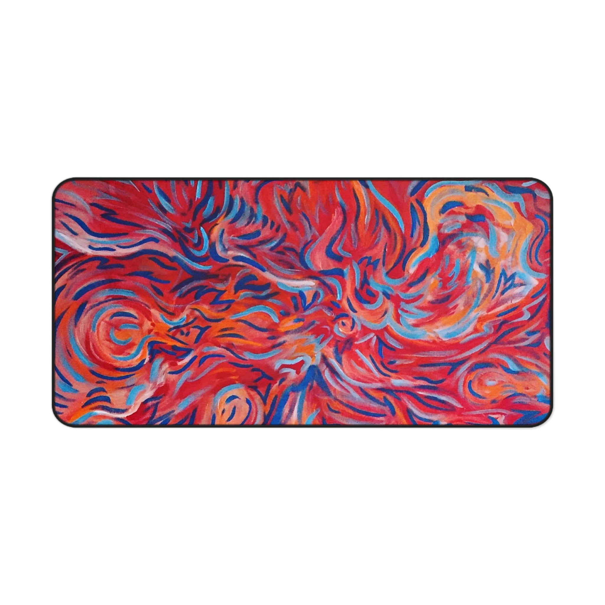 Abstract Flame Swirl Desk Mat — Vibrant Red & Blue Artistic Mouse Pad