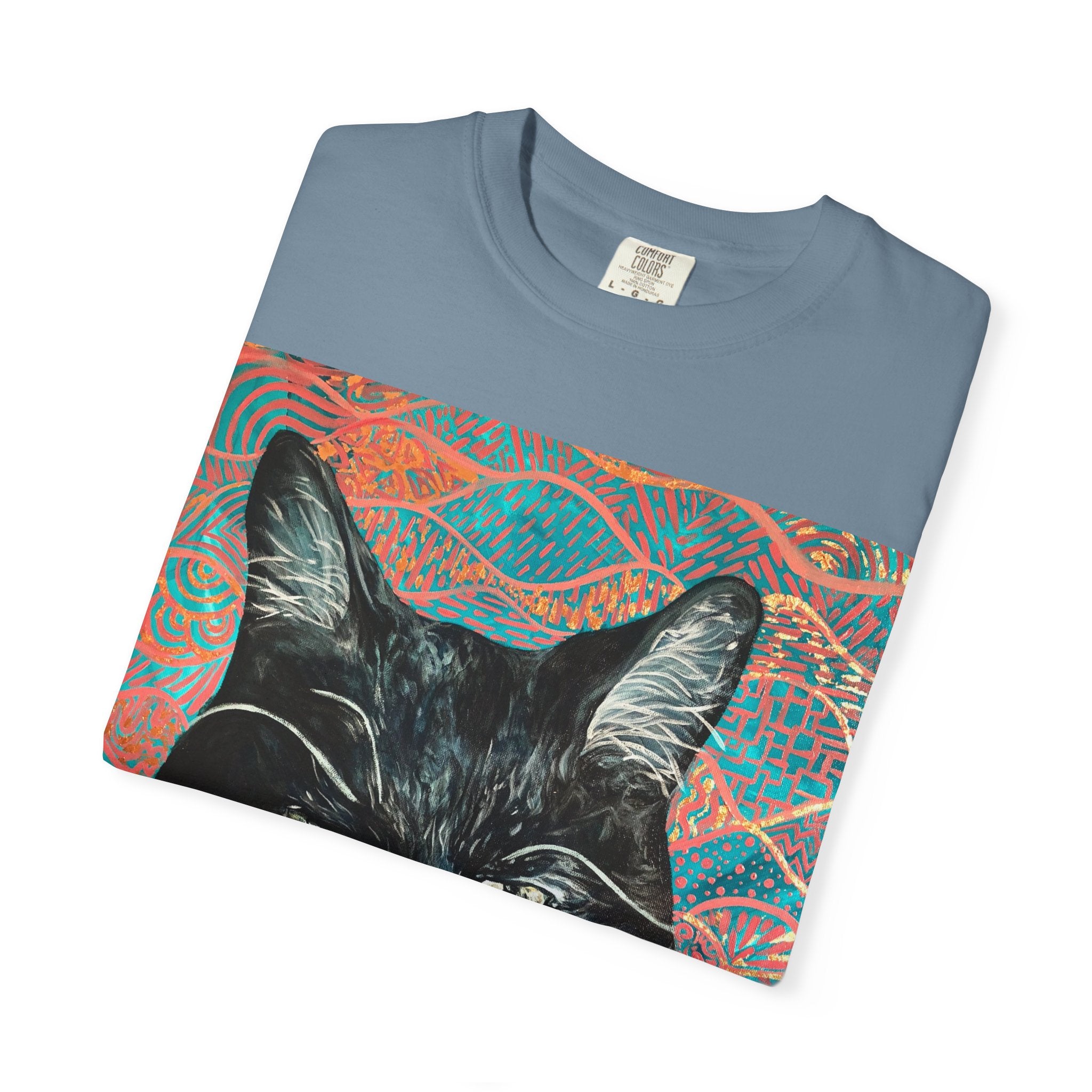 Black Cat Portrait T-Shirt — Painted Portrait on Pattern Background