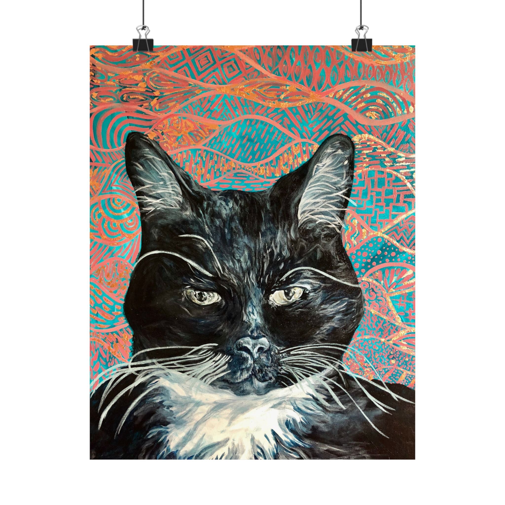 Black Cat Portrait Matte Poster — Vertical Wall Art on Patterned Background