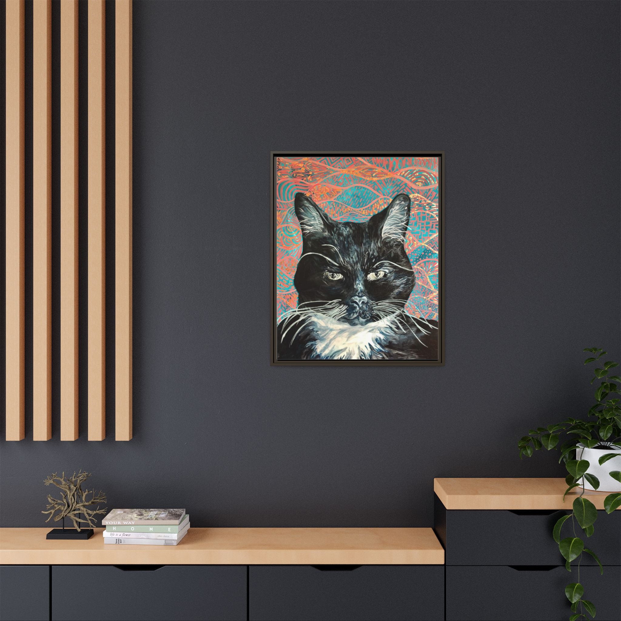 Black Cat Portrait Wall Art_ Framed Matte Canvas Cat Portrait