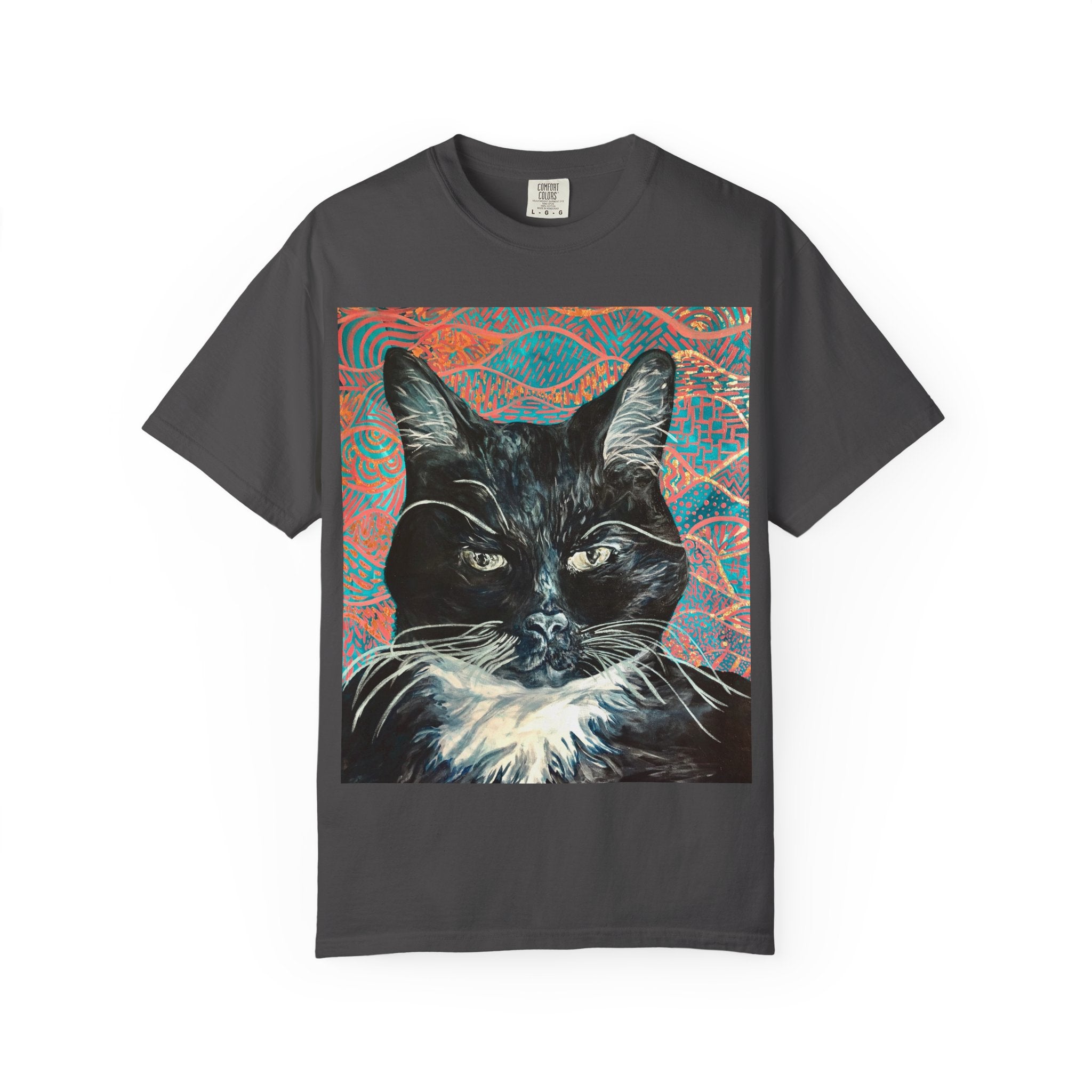 Black Cat Portrait T-Shirt — Painted Portrait on Pattern Background