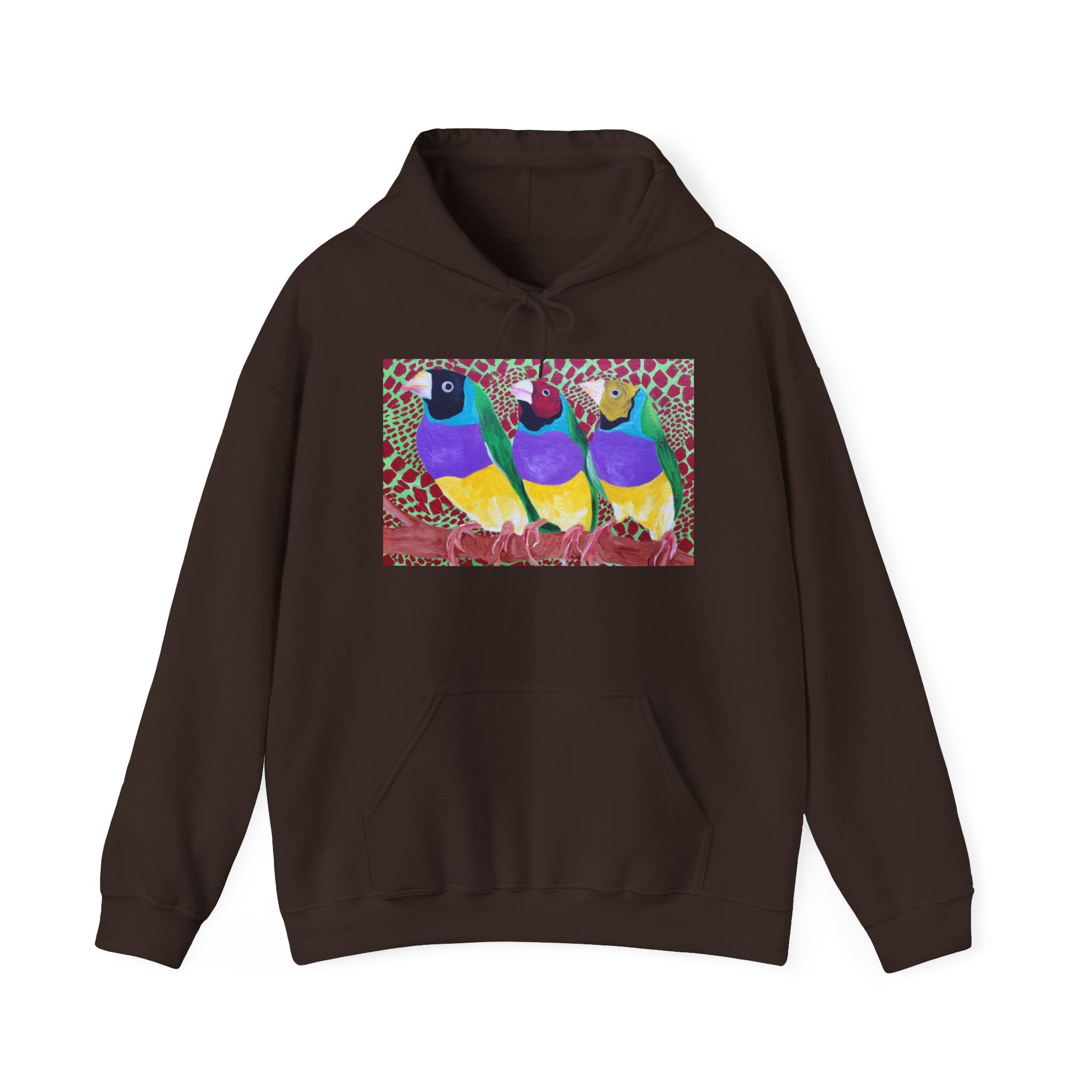 Gouldian Finch Trio Hoodie — Colorful Tropical Bird Graphic Pullover