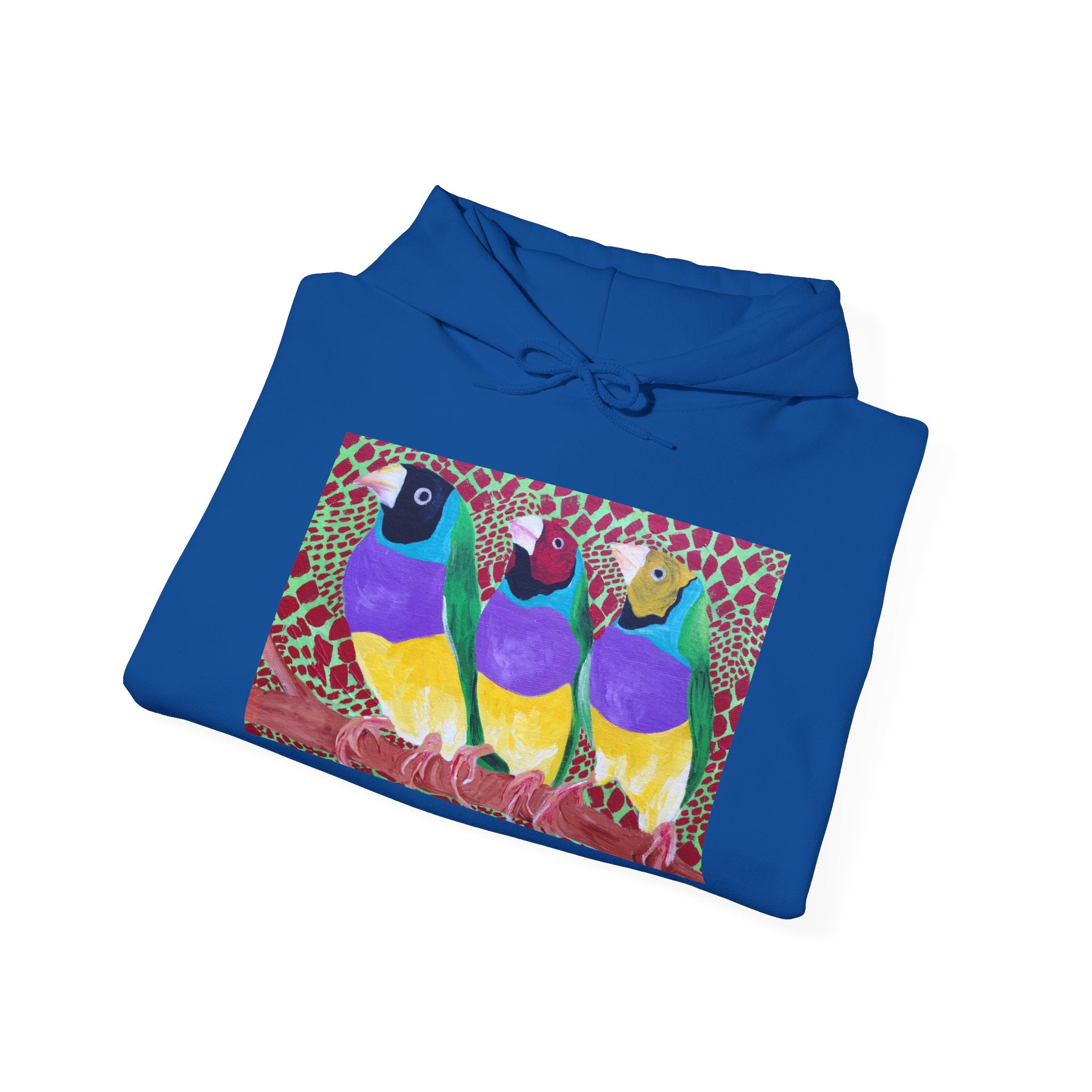 Gouldian Finch Trio Hoodie — Colorful Tropical Bird Graphic Pullover