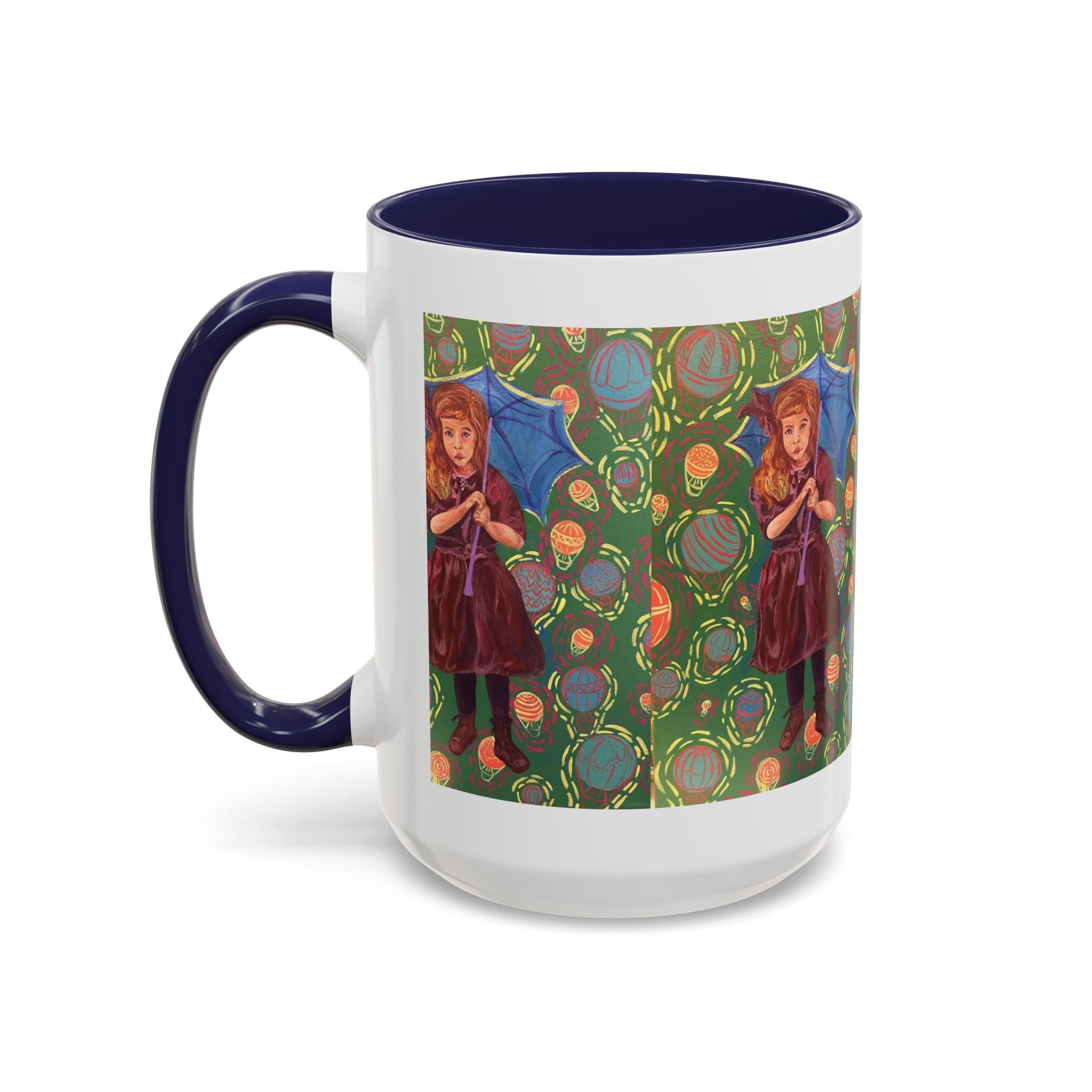 Vintage Girl with Umbrella Accent Coffee Mug — Whimsical Rainy-Day Art Gift (11/15 oz)