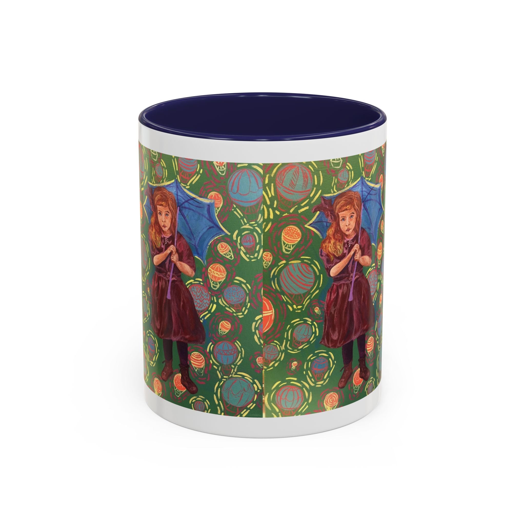 Vintage Girl with Umbrella Accent Coffee Mug — Whimsical Rainy-Day Art Gift (11/15 oz)
