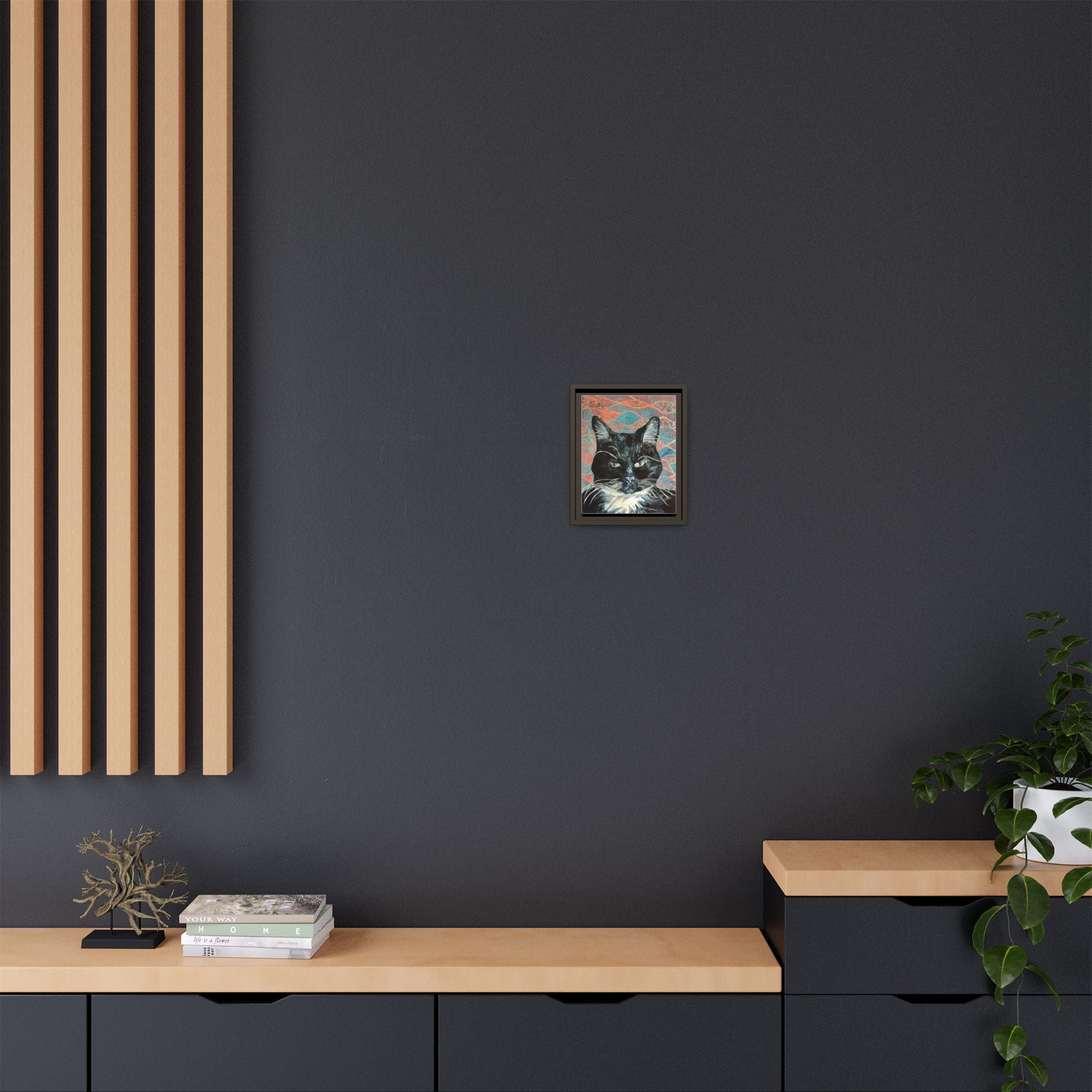Black Cat Portrait Wall Art_ Framed Matte Canvas Cat Portrait