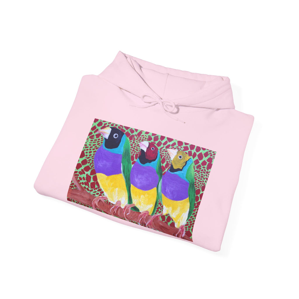 Gouldian Finch Trio Hoodie — Colorful Tropical Bird Graphic Pullover