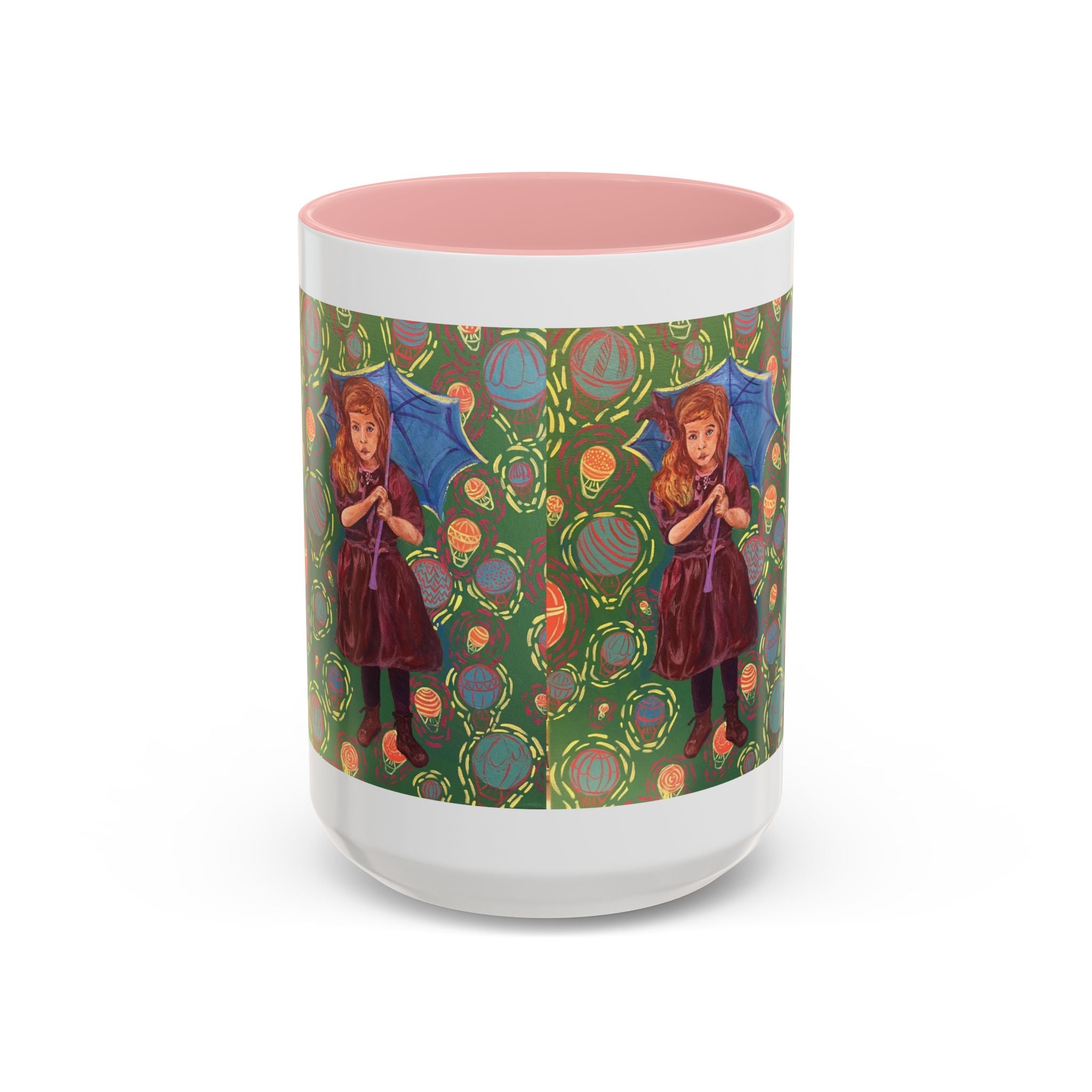 Vintage Girl with Umbrella Accent Coffee Mug — Whimsical Rainy-Day Art Gift (11/15 oz)