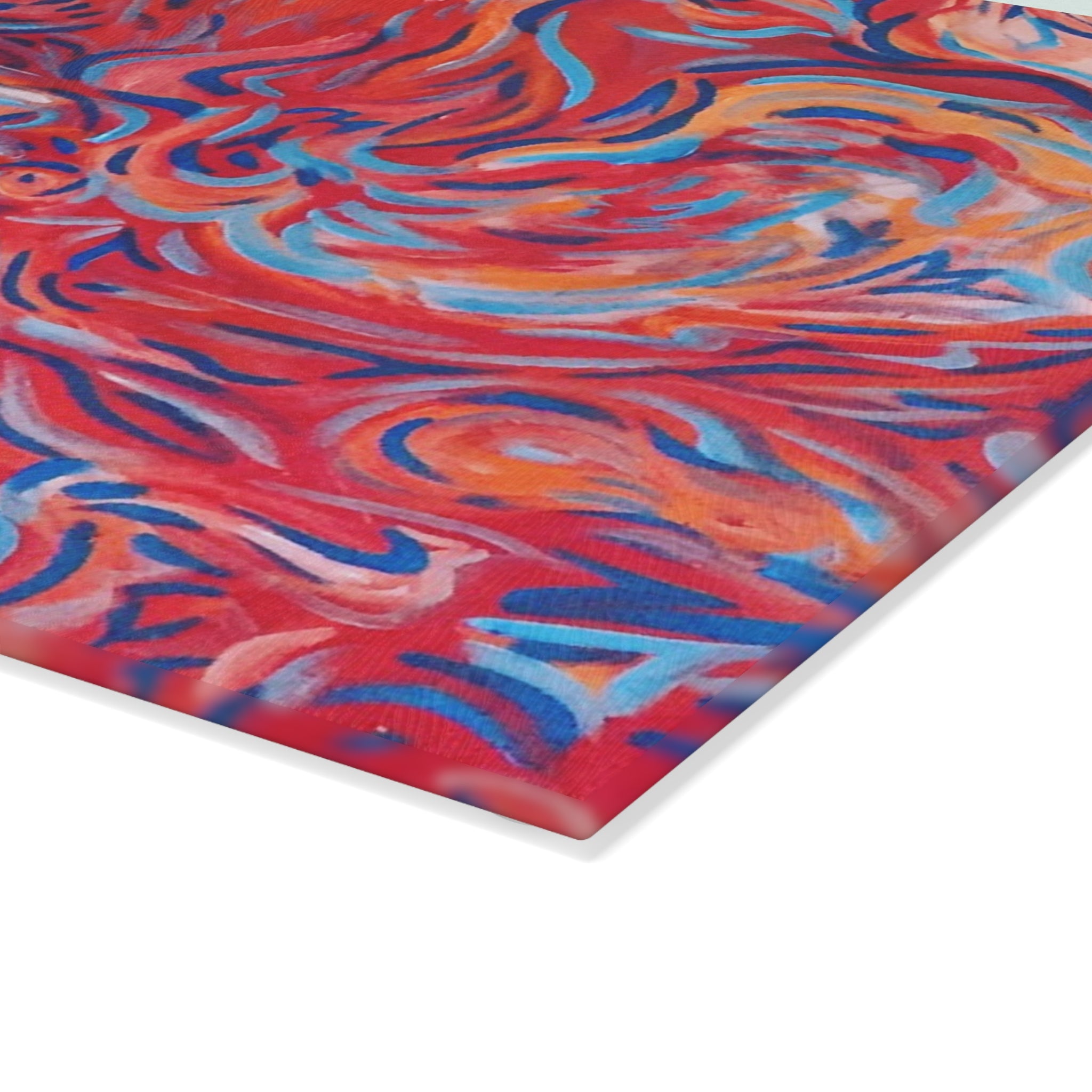 Abstract Swirl Glass Cutting Board — Vibrant Red & Coral Kitchen Art