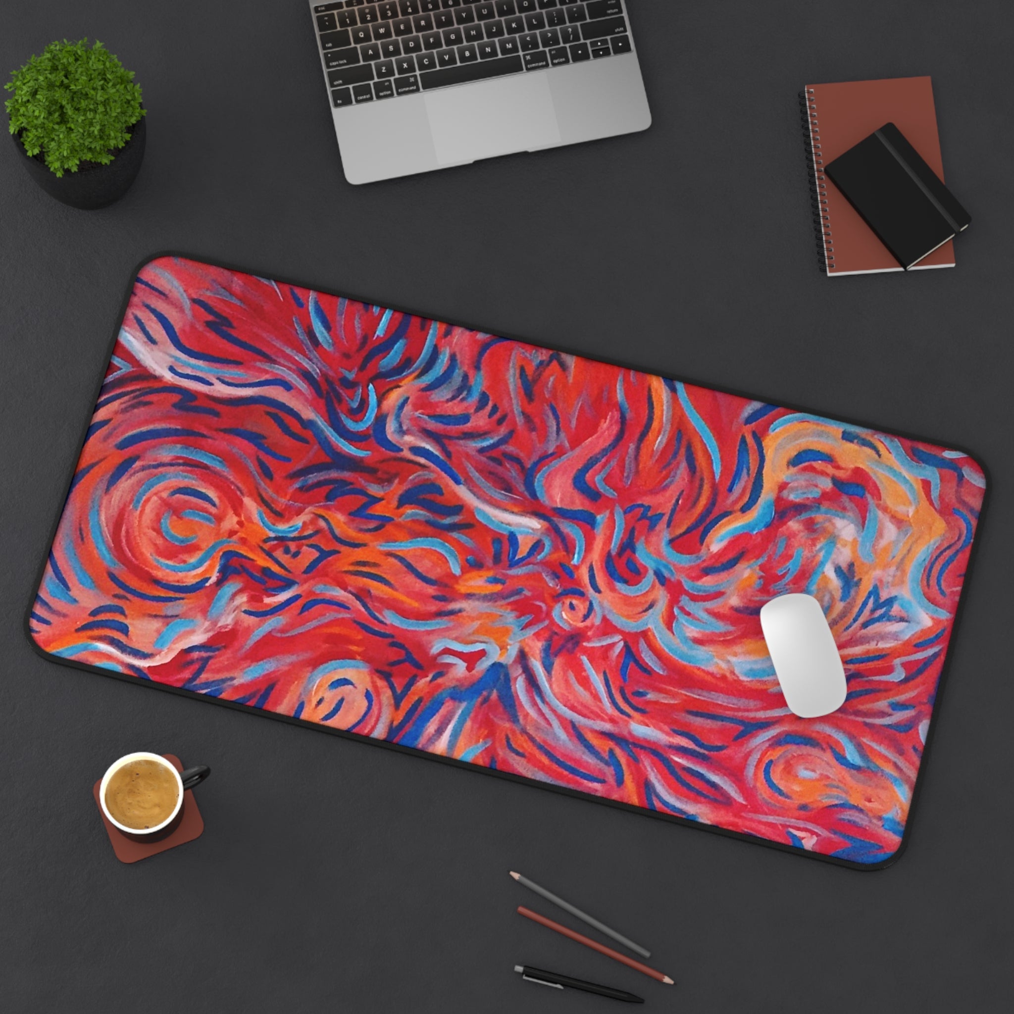 Abstract Flame Swirl Desk Mat — Vibrant Red & Blue Artistic Mouse Pad