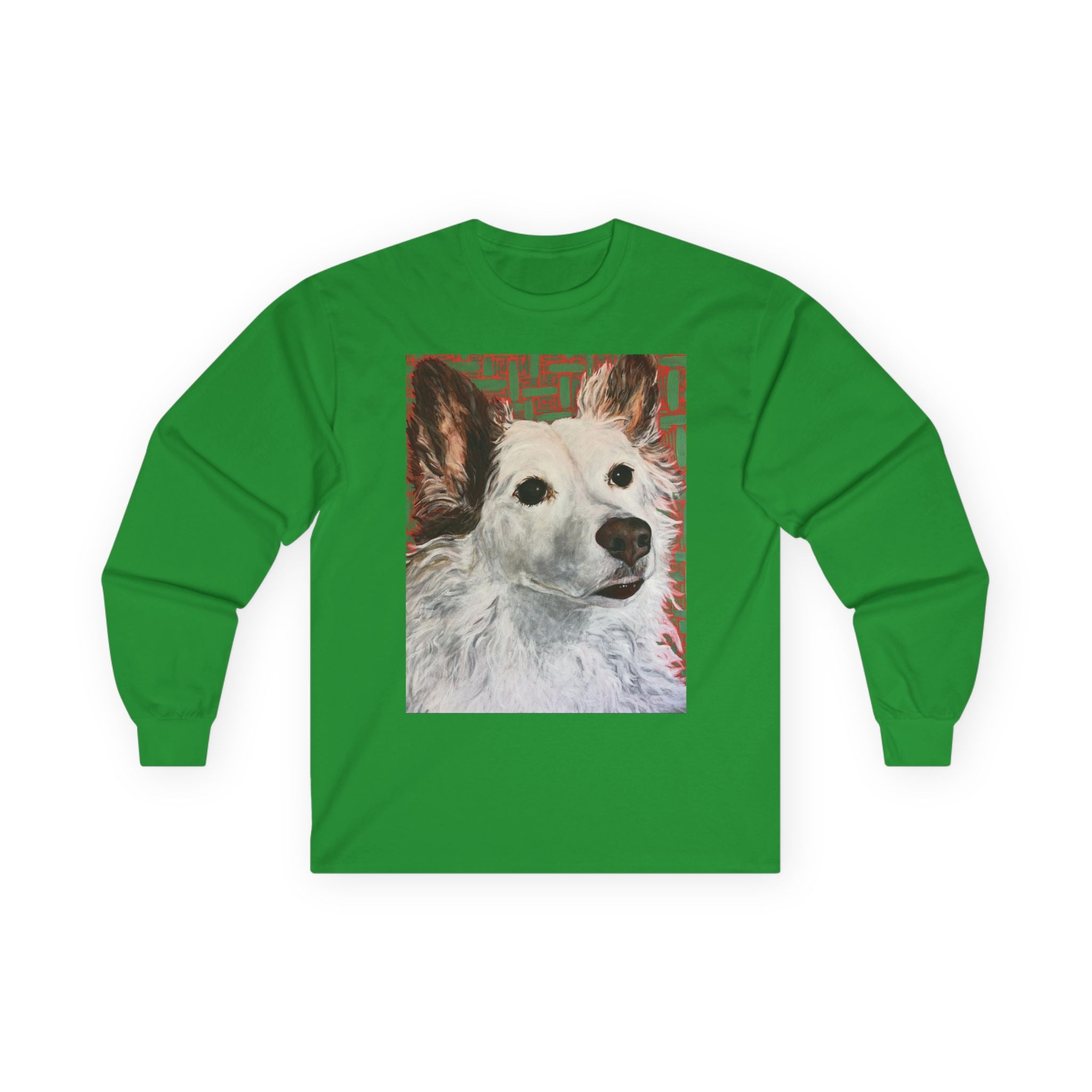 White Dog Portrait Long Sleeve Tee — Brown-Eared Canine Art