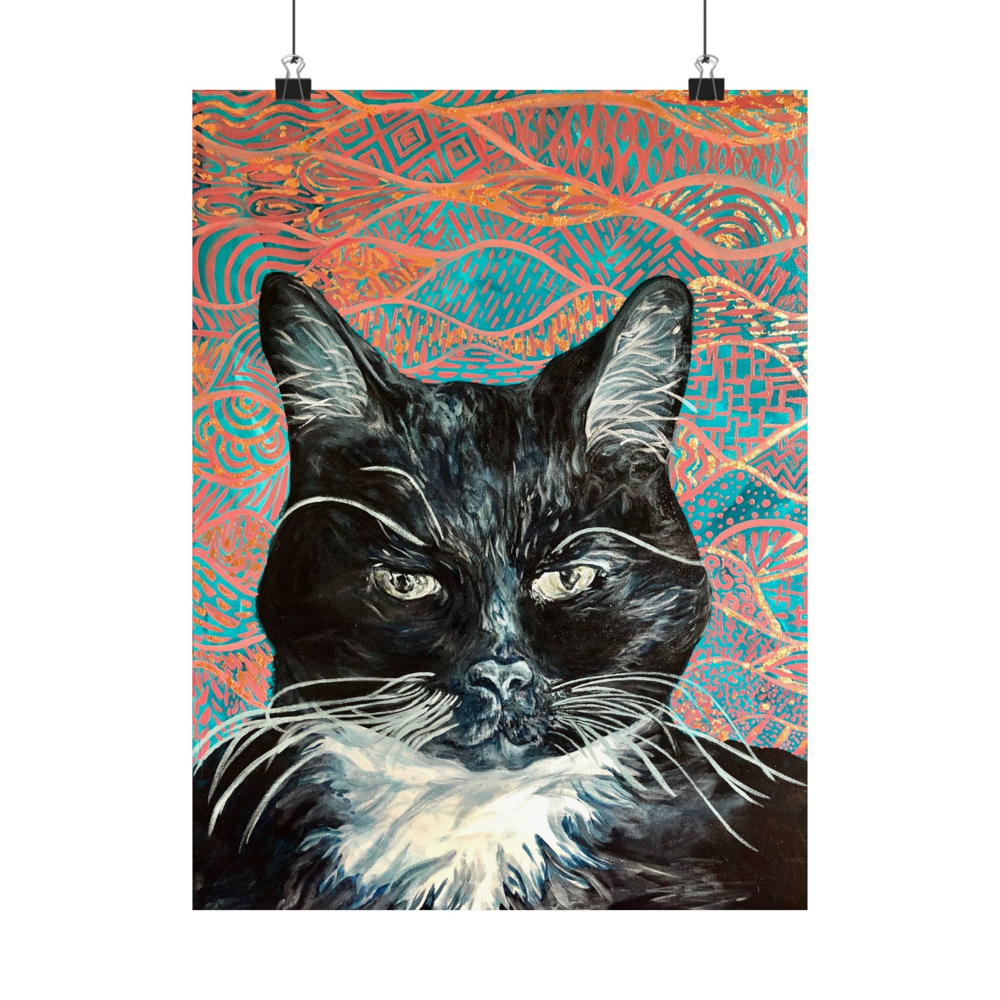 Black Cat Portrait Matte Poster — Vertical Wall Art on Patterned Background
