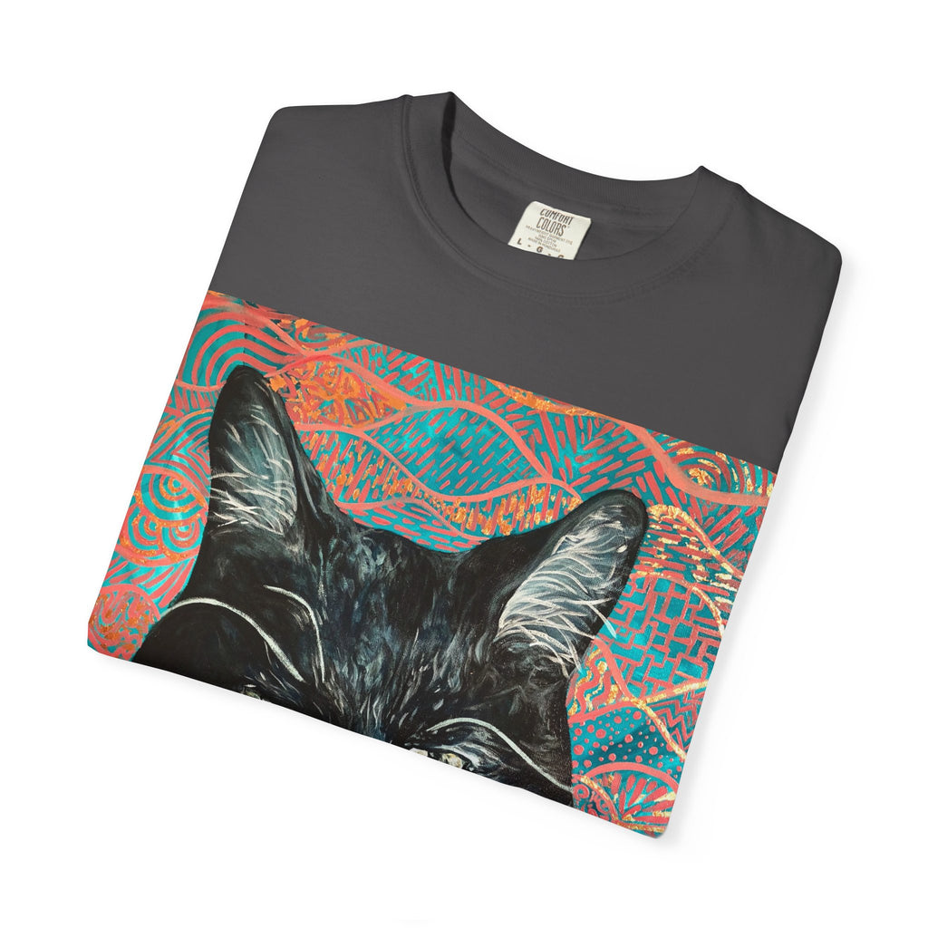 Black Cat Portrait T-Shirt — Painted Portrait on Pattern Background