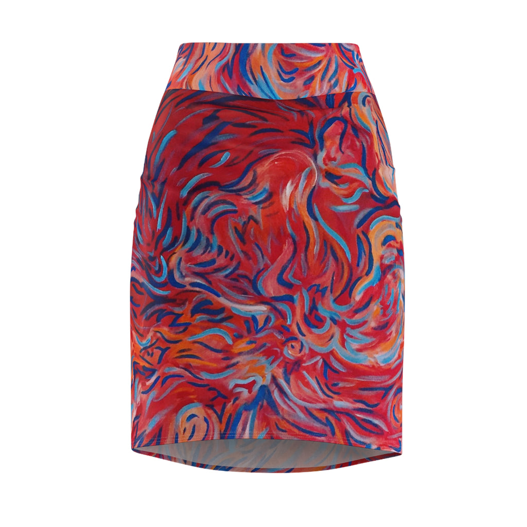 Abstract Flame Swirl Pencil Skirt — Bold Artistic Printed Pencil Skirt