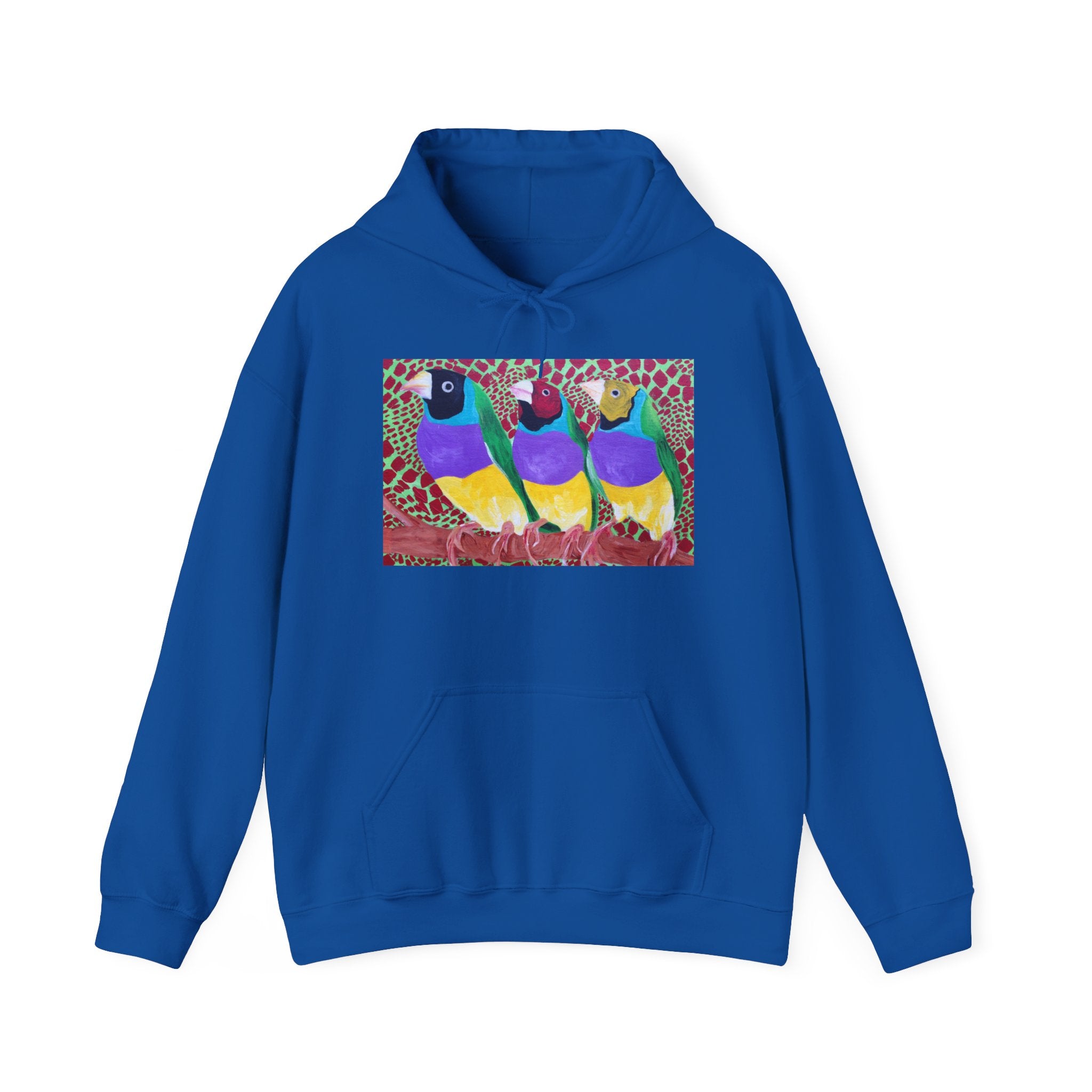 Gouldian Finch Trio Hoodie — Colorful Tropical Bird Graphic Pullover