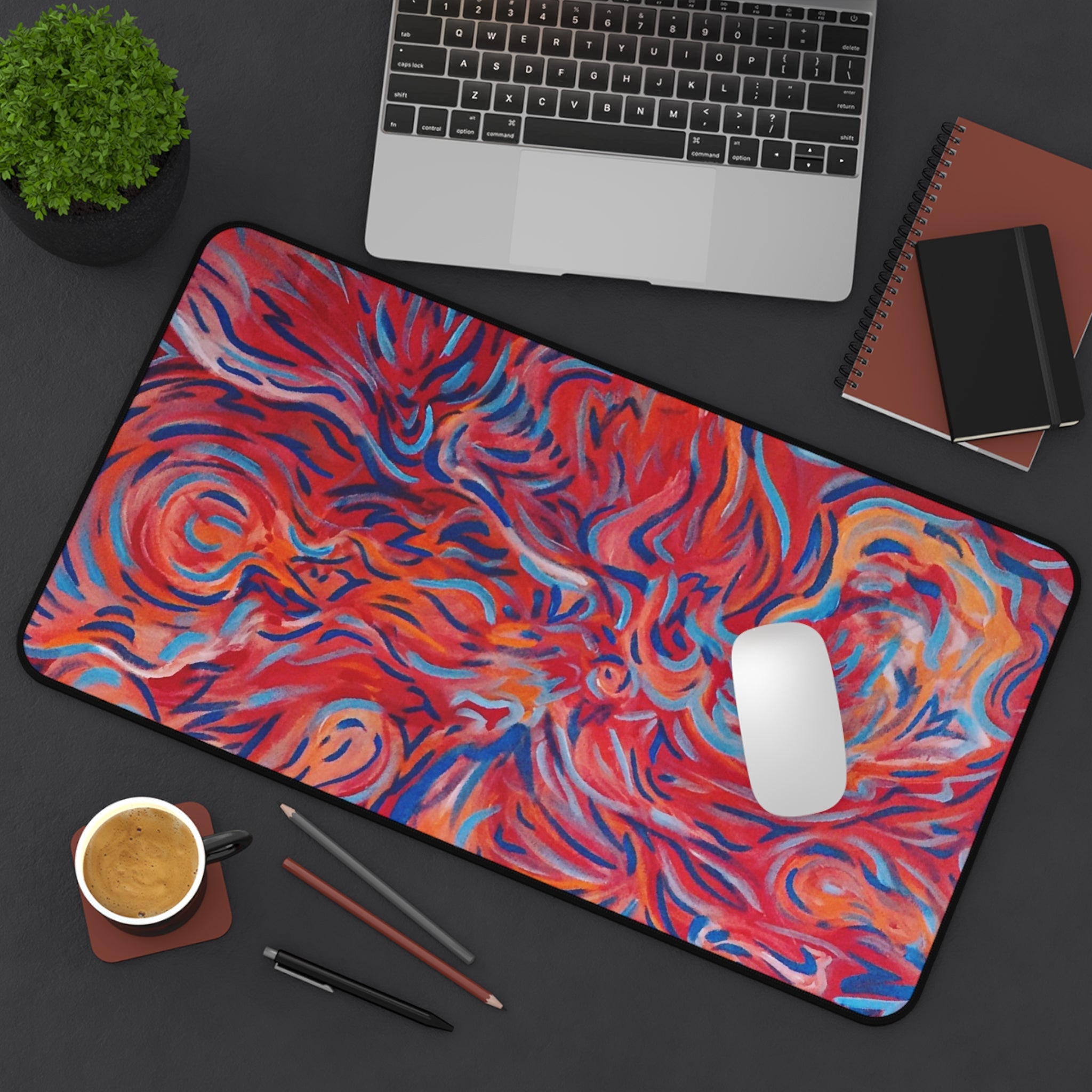 Abstract Flame Swirl Desk Mat — Vibrant Red & Blue Artistic Mouse Pad