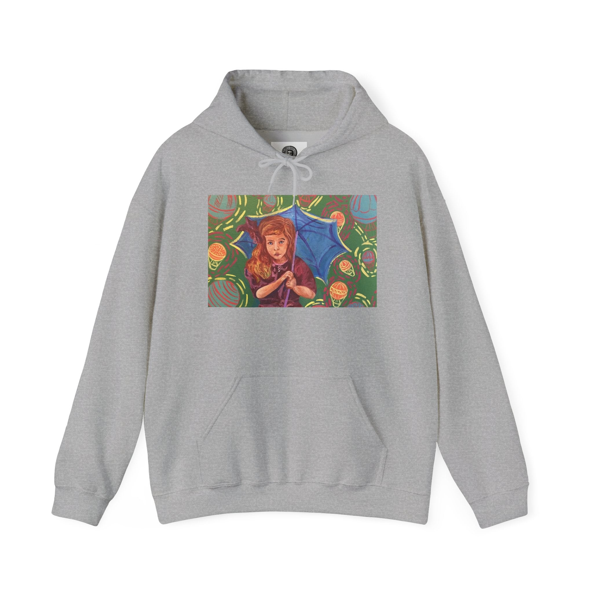 Vintage Girl with Umbrella Graphic Sweatshirt - Kids' Rainy Day Illustration Hoodie