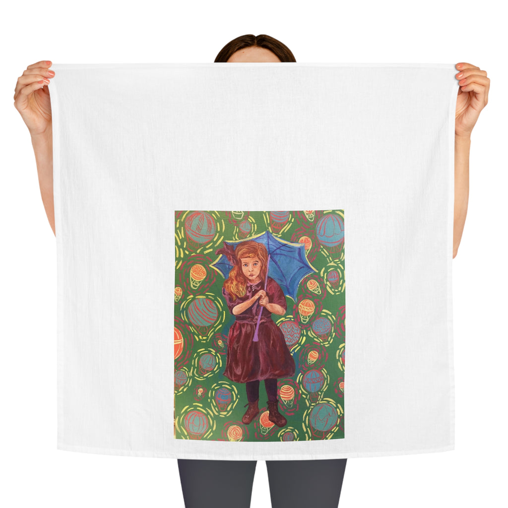 Vintage Girl with Blue Umbrella - Tea Towel — Painted Little Girl with Umbrella & Hot Air Balloons