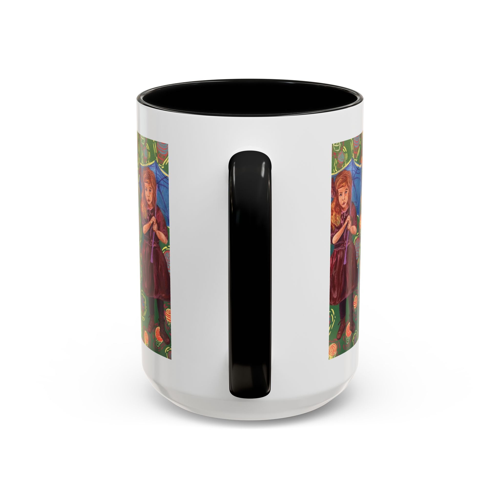 Vintage Girl with Umbrella Accent Coffee Mug — Whimsical Rainy-Day Art Gift (11/15 oz)