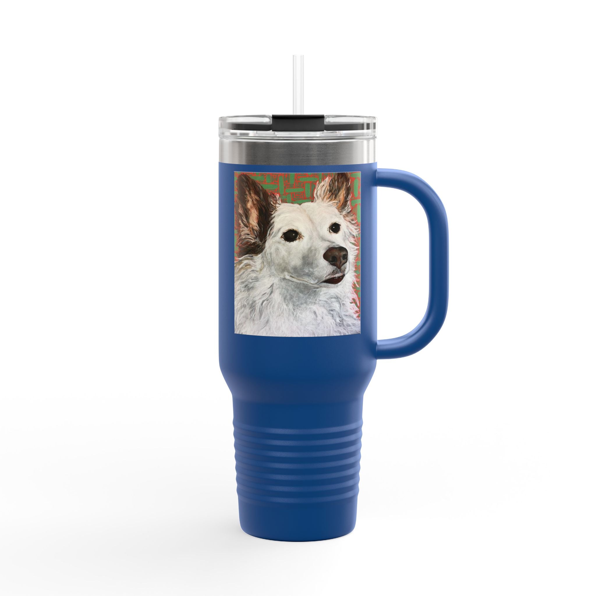 White Dog Portrait - 40oz Insulated Travel Mug — Painted White Dog Portrait with Brown Ears on Vibrant Pattern
