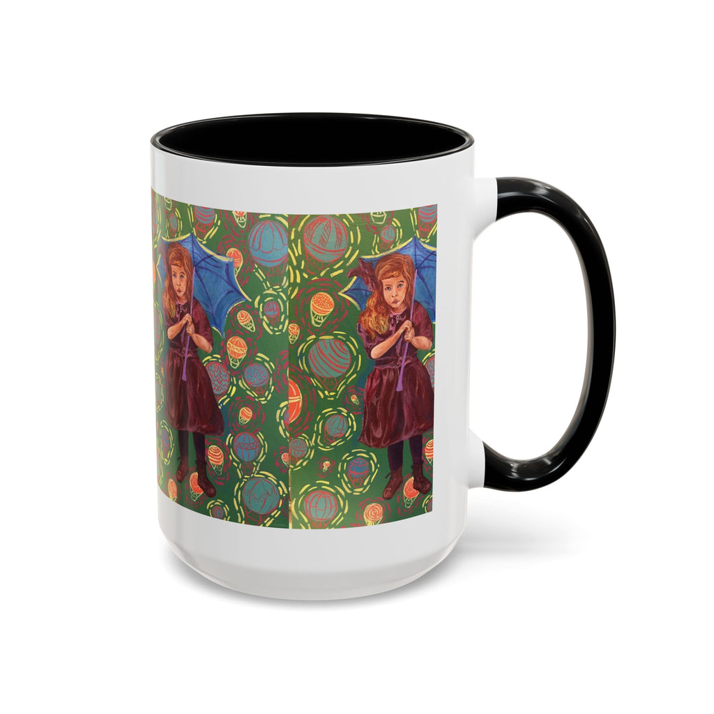 Vintage Girl with Umbrella Accent Coffee Mug — Whimsical Rainy-Day Art Gift (11/15 oz)