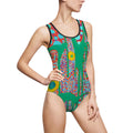 Circumpunct: Abstract Green Drip One-Piece Swimsuit — Colorful Retro Wave Print