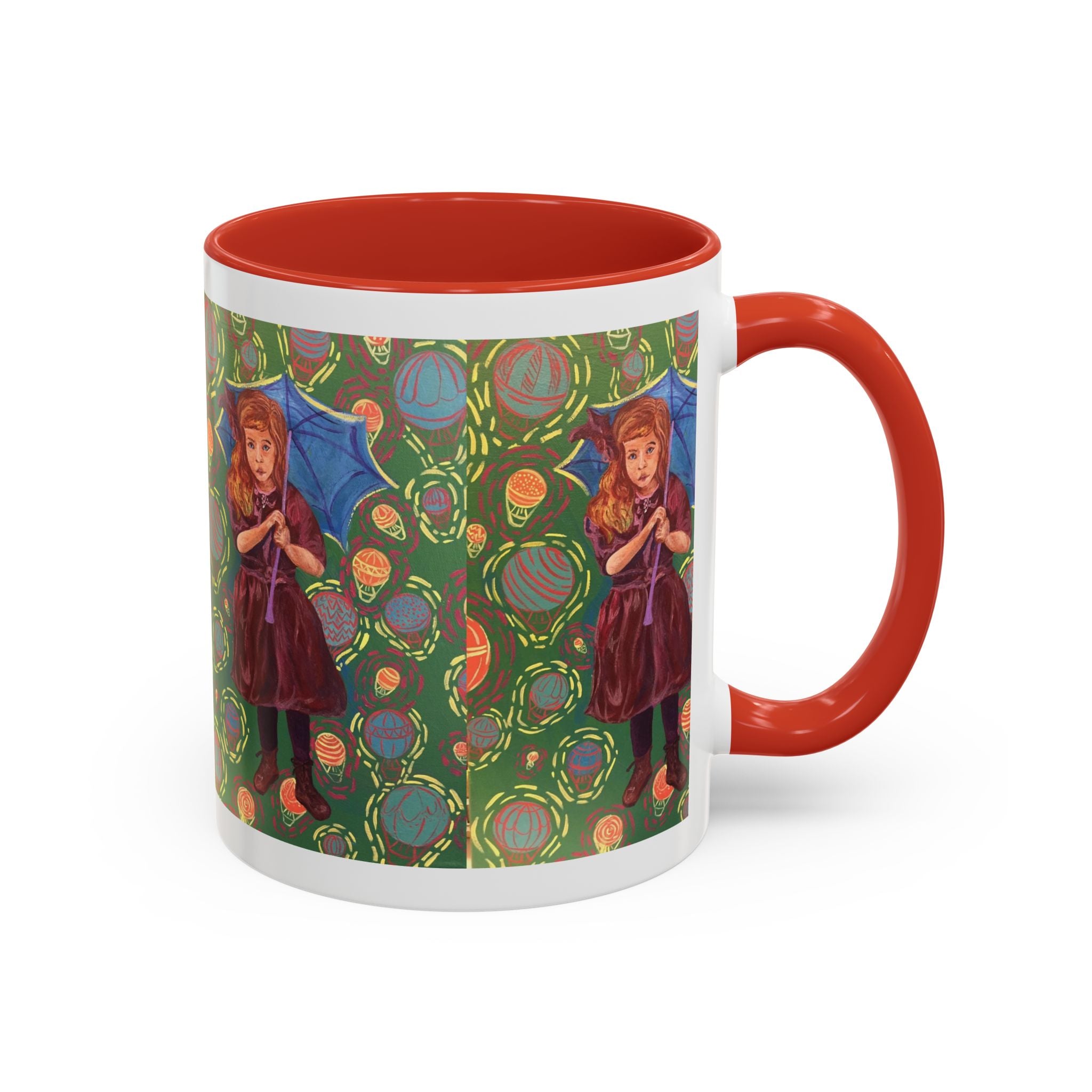 Vintage Girl with Umbrella Accent Coffee Mug — Whimsical Rainy-Day Art Gift (11/15 oz)