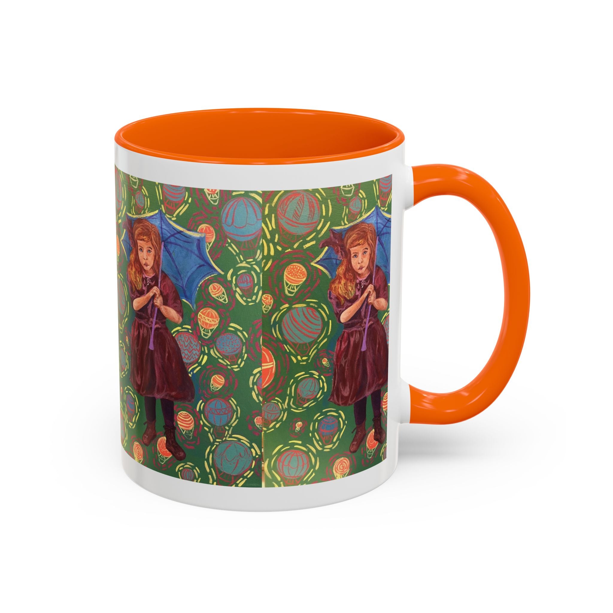 Vintage Girl with Umbrella Accent Coffee Mug — Whimsical Rainy-Day Art Gift (11/15 oz)