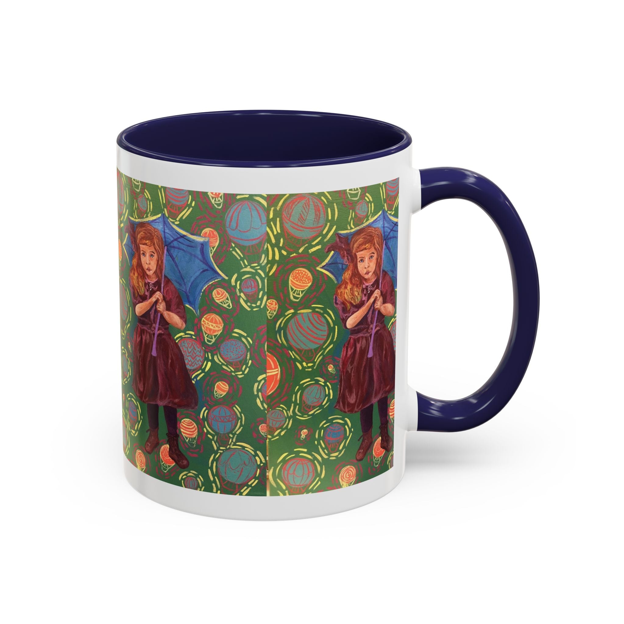Vintage Girl with Umbrella Accent Coffee Mug — Whimsical Rainy-Day Art Gift (11/15 oz)