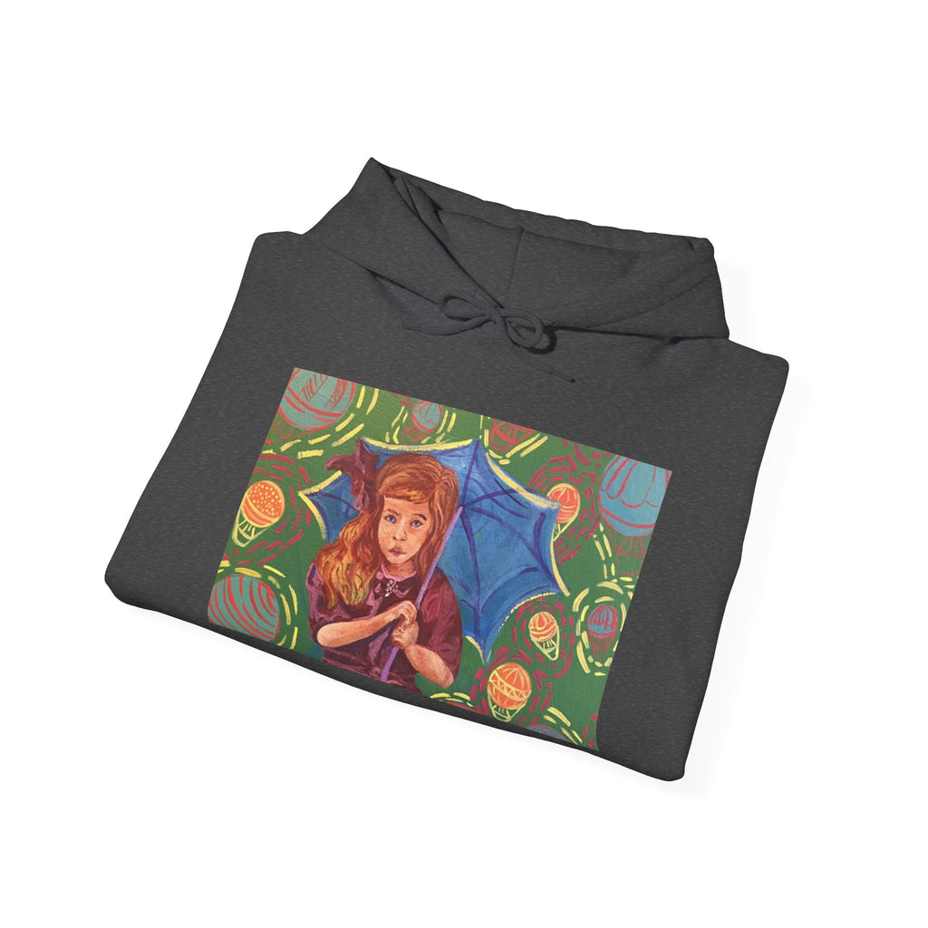 Vintage Girl with Umbrella Graphic Sweatshirt - Kids' Rainy Day Illustration Hoodie