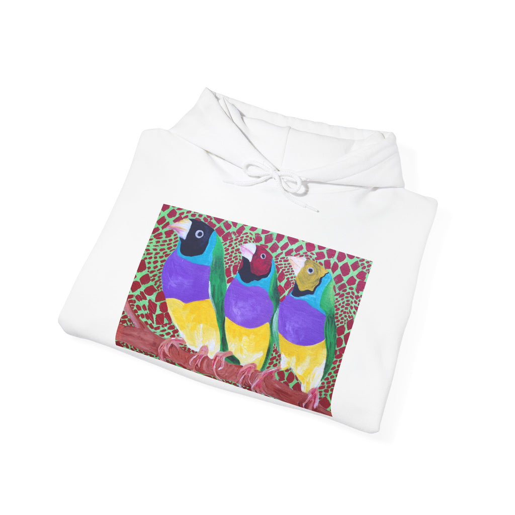 Gouldian Finch Trio Hoodie — Colorful Tropical Bird Graphic Pullover