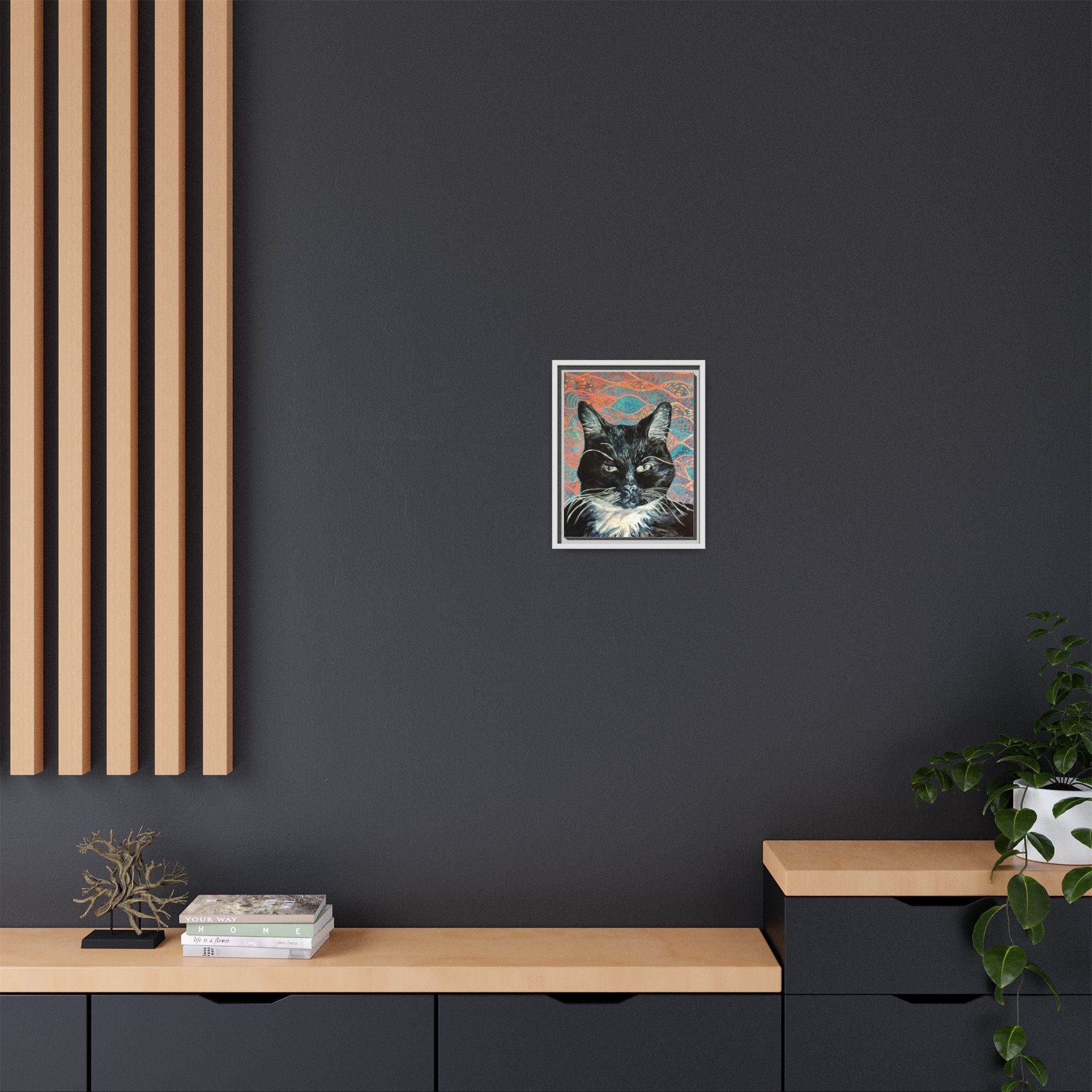 Black Cat Portrait Wall Art_ Framed Matte Canvas Cat Portrait