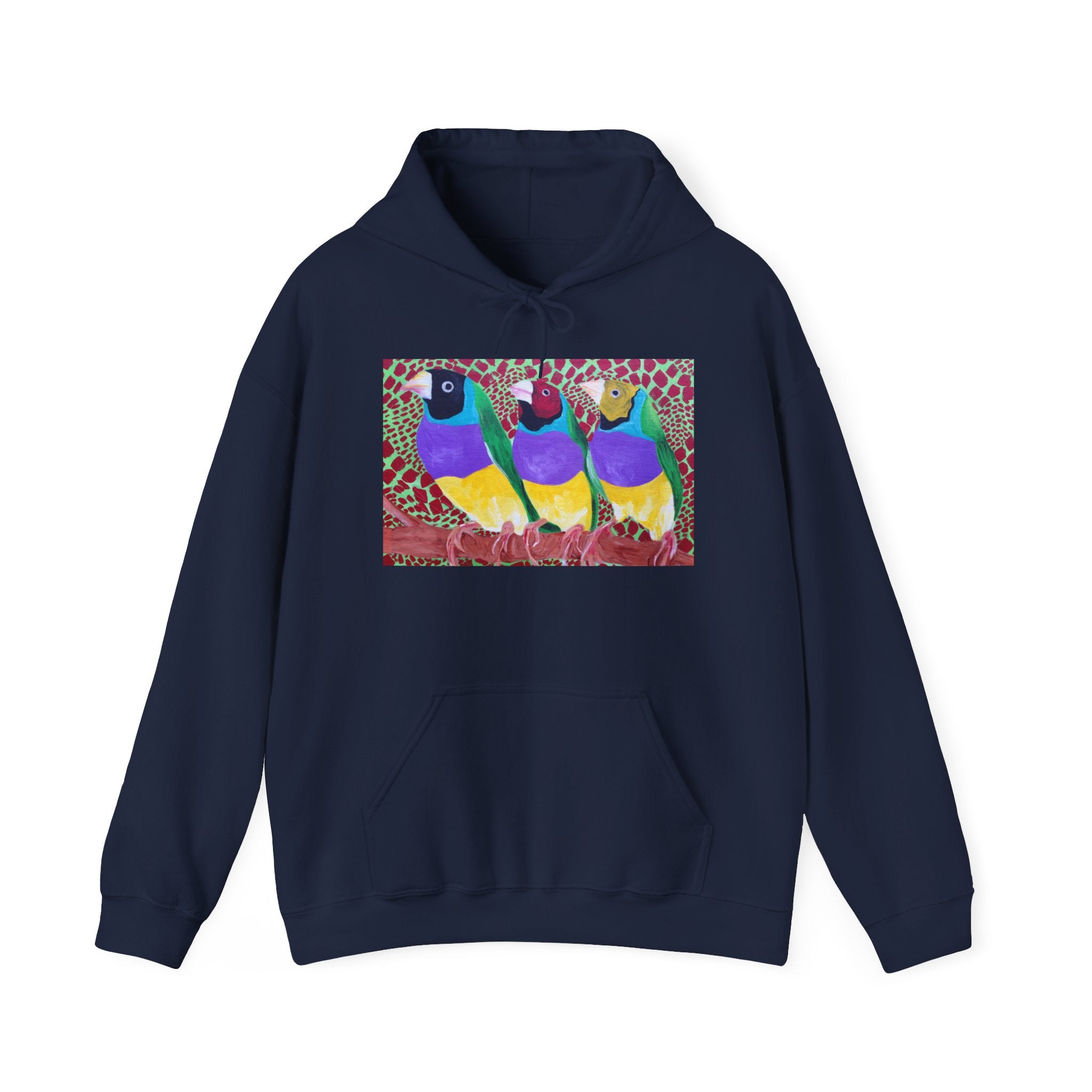 Gouldian Finch Trio Hoodie — Colorful Tropical Bird Graphic Pullover
