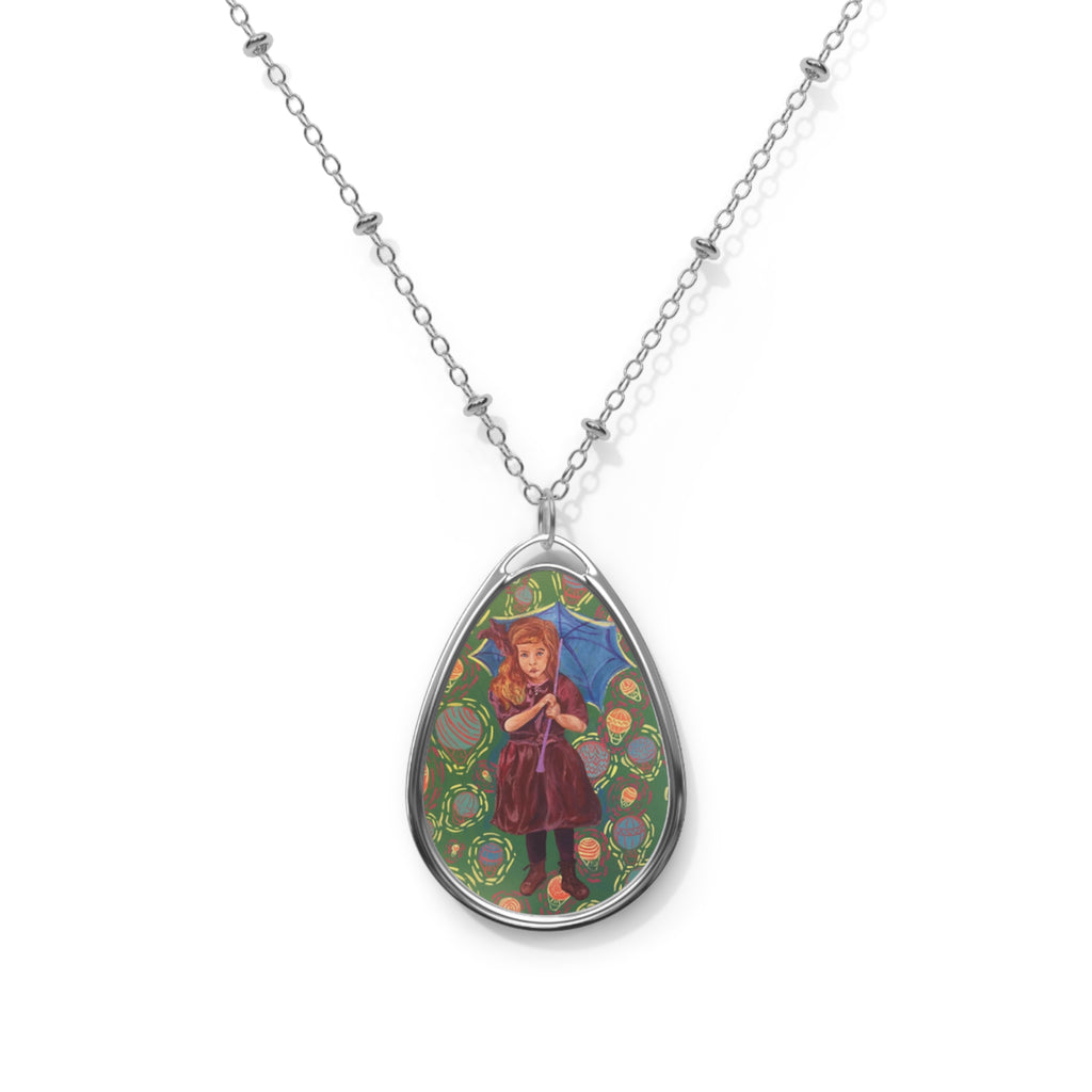 Vintage Girl with Blue Umbrella - Oval Pendant Necklace — Vintage Girl Illustration Teardrop Locket