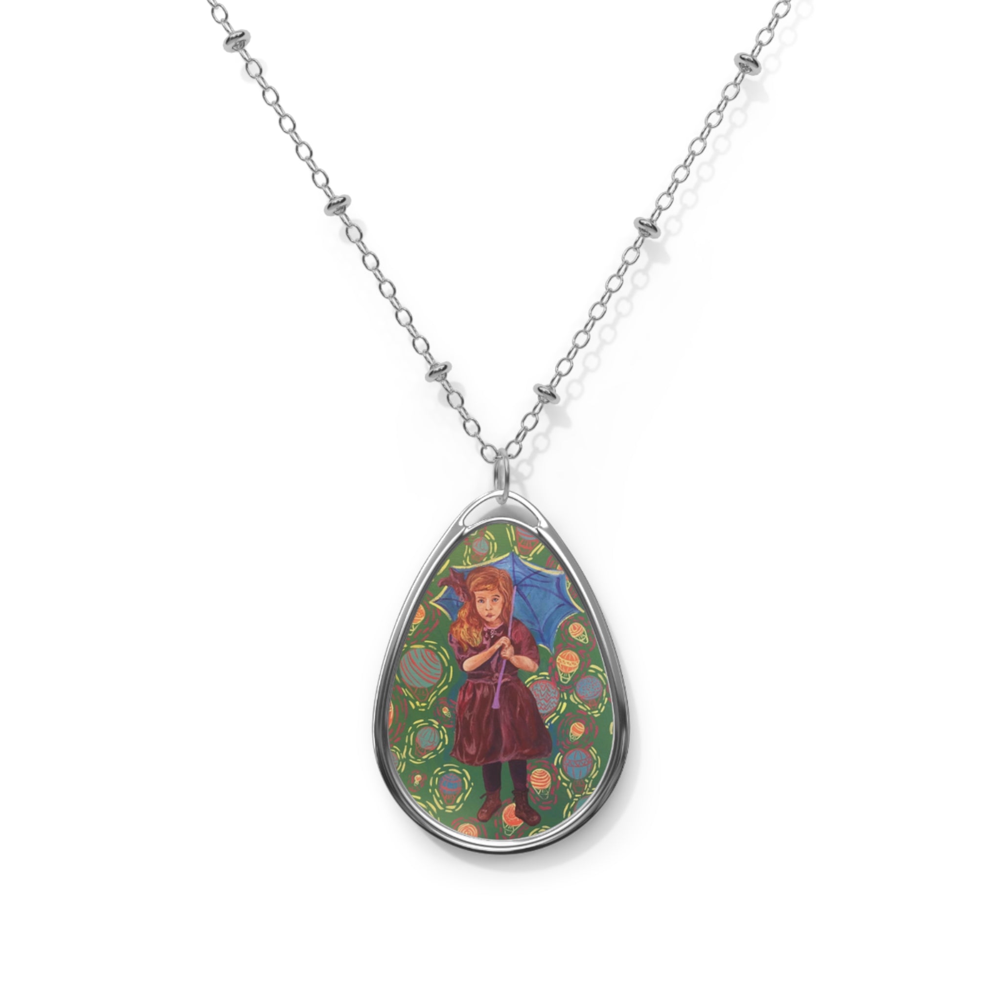 Vintage Girl with Blue Umbrella - Oval Pendant Necklace — Vintage Girl Illustration Teardrop Locket